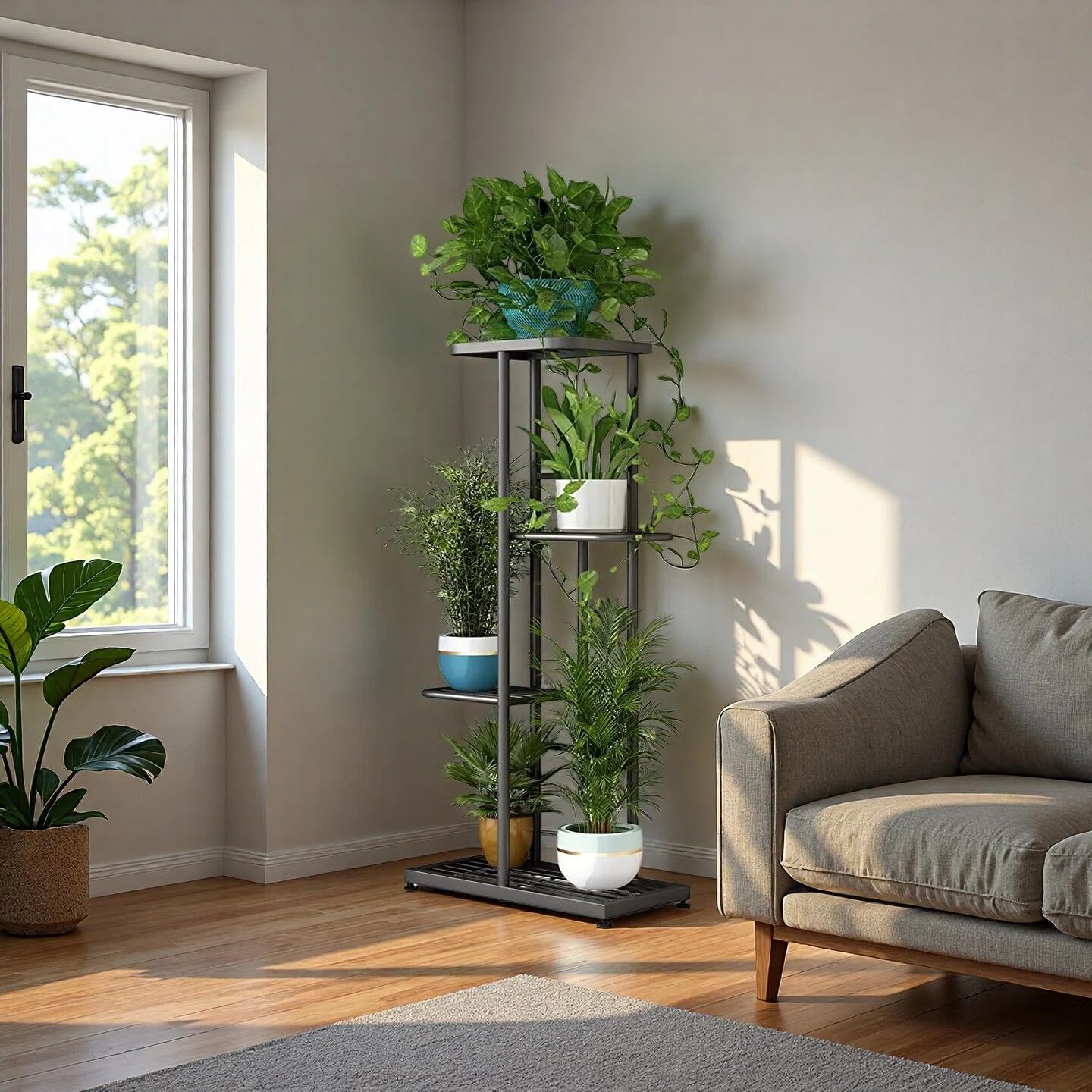 LINZINAR Soporte de metal para plantas de 4 niveles y 5 macetas, estante para macetas para interiores y exteriores, estantería de exhibición para patio, jardín, esquina, balcón, sala de estar (4