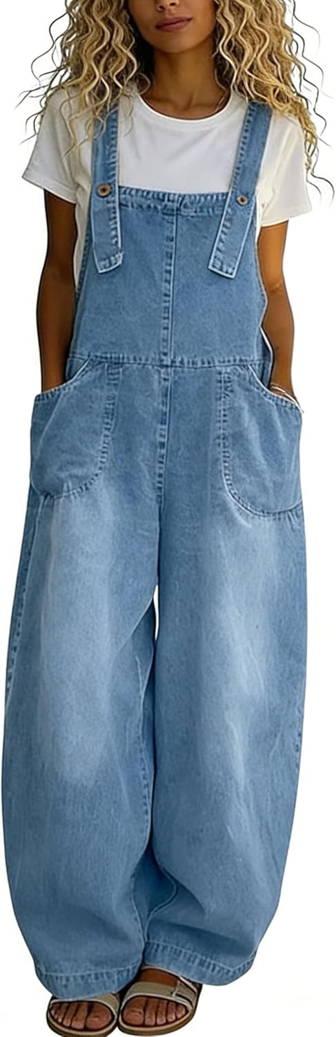 chouyatou Women's Distressed Baggy Denim Bib Overalls Adjustable Strap Loose Fit Jeans Overall Pants Wide Leg Jumpsuit