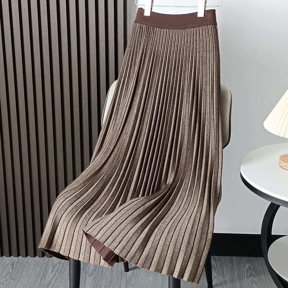 Röcke Damen,Damen Midi Rock Braun Elastisch High Taille Gestrickt Faltenrock Vintage Slim A-Line Swing Ruched Herbst Winter Lange Röcke Für Mädchen Damen