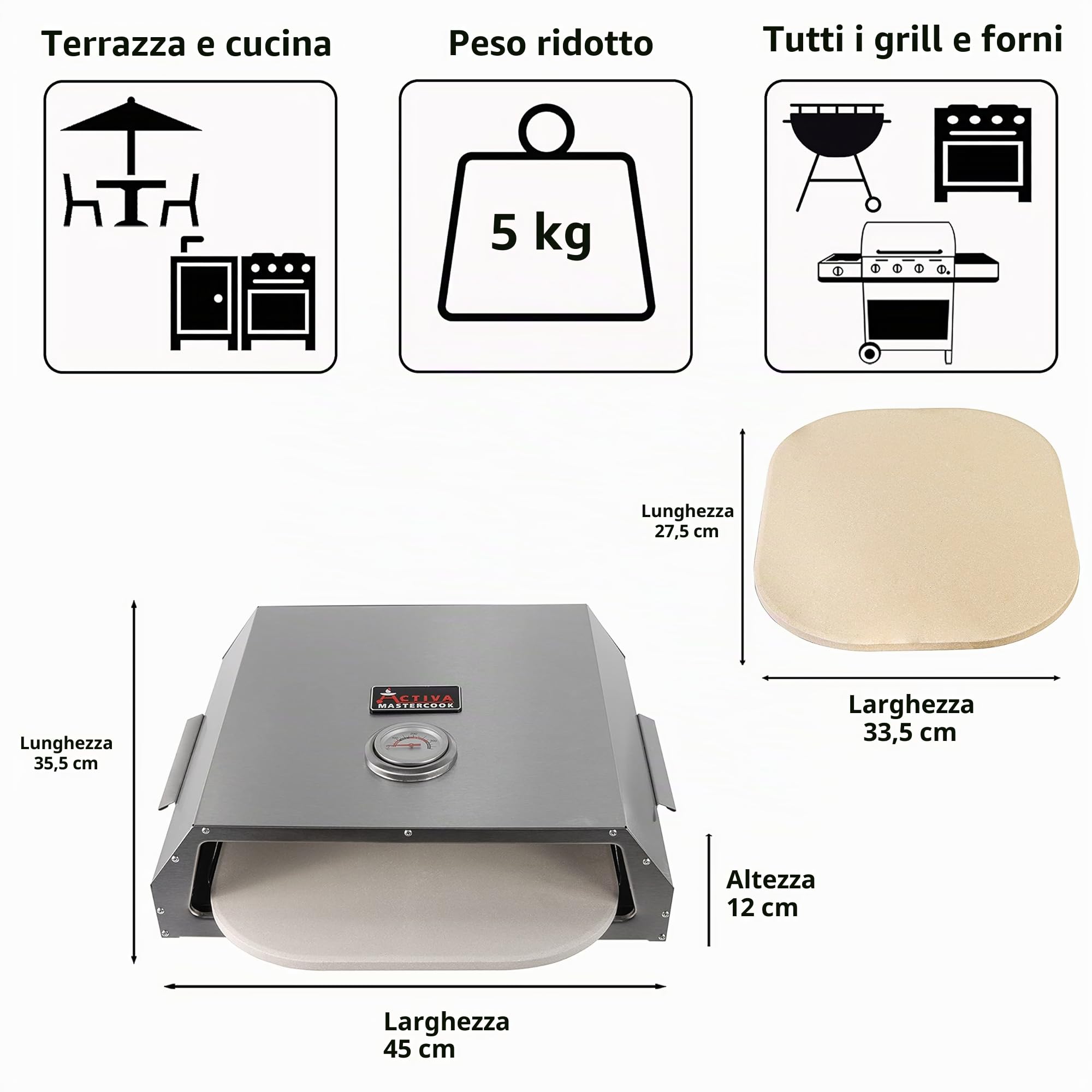 Forno per pizza ACTIVA con pietra refrattaria e indicatore temperatura per barbecue