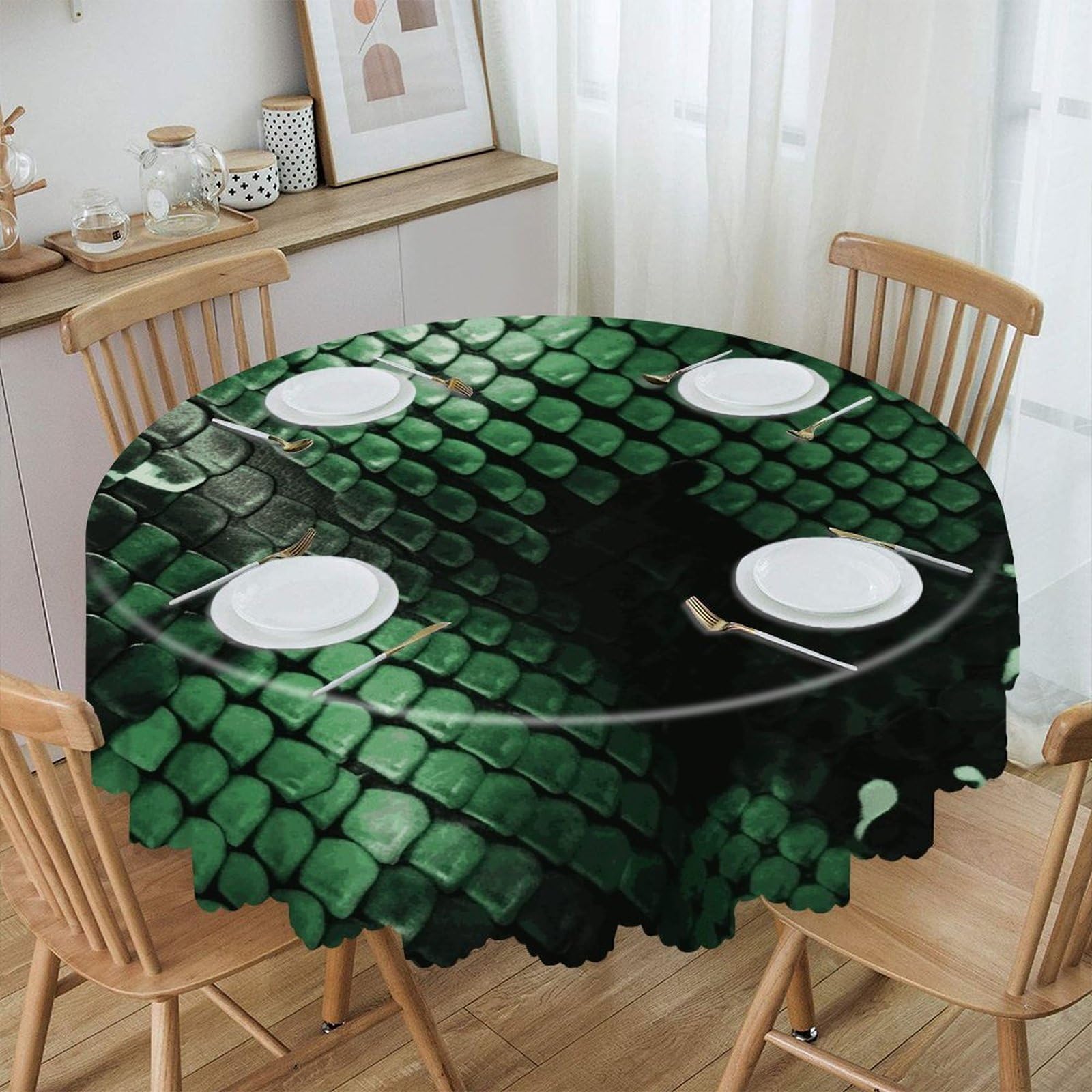 Btcowzrv Style Green Snakeskin Polyester Round Tablecloth 59.84 Inch, Decorative Washable Table Cover, Table Cloth For Restaurant Picnic Indoor And Outdoor Dining