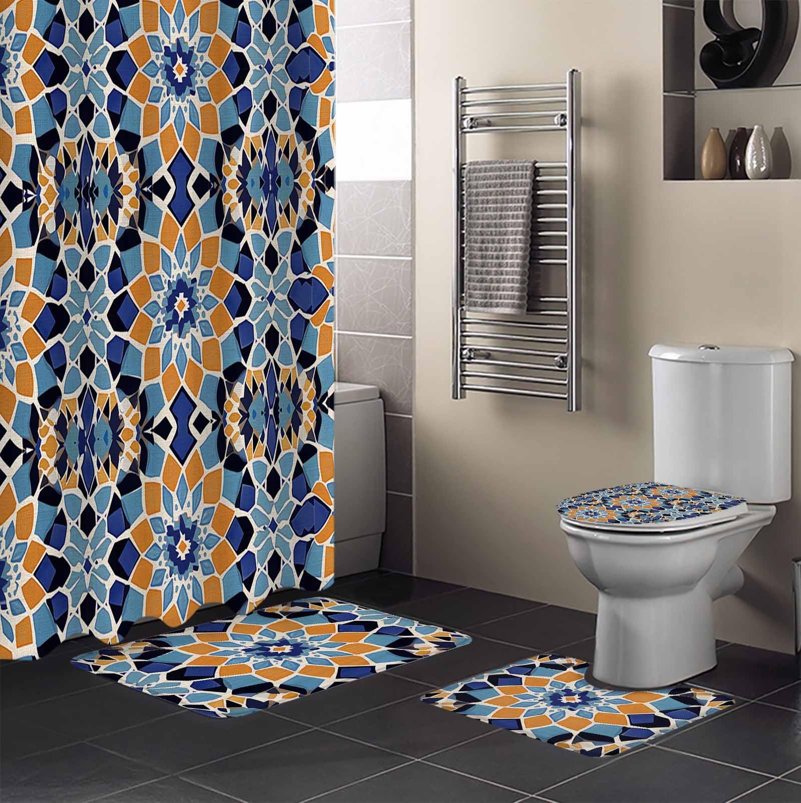 Morocco Orange Bathroom Set with Shower Curtain and Rug Accessories - 36x72 Inches Long Blue Boho Retro Flower Pattern Abstract Stall Curtain Waterproof with Small Bath Mat,Washable Runner Rug Set