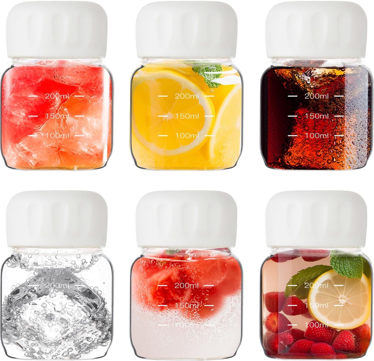 Danmu Glass Juice Bottles with Lids 10oz,Juicing Bottles Reusable Glass 100% Leakproof for Juicing,Water,Kombucha,Milk,Fruit Drinks,Milkshake,Borosilicate Glass,6 Pack,Dishwasher Safe