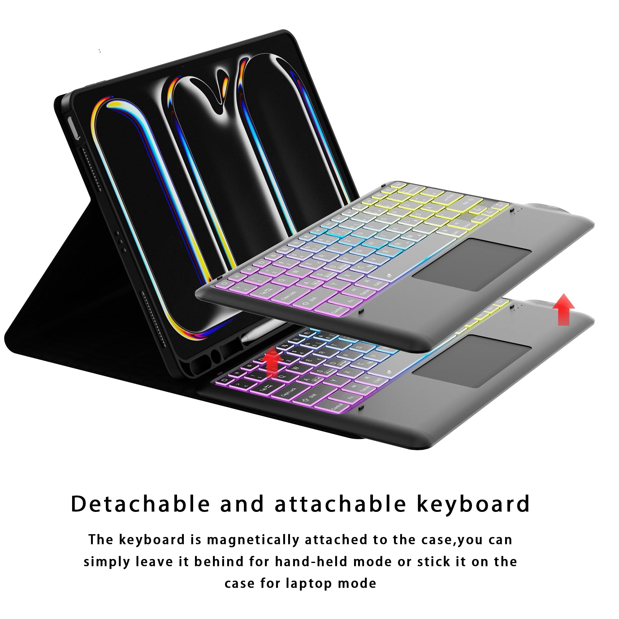 GUPENAA Toetsenbordhoes voor iPad Pro 13-inch (M4, 2024), 7 Kleuren Achtergrondverlichting, Magnetisch Afneembaar Draadloos Bluetooth- Toetsenbord met Muis,Purper