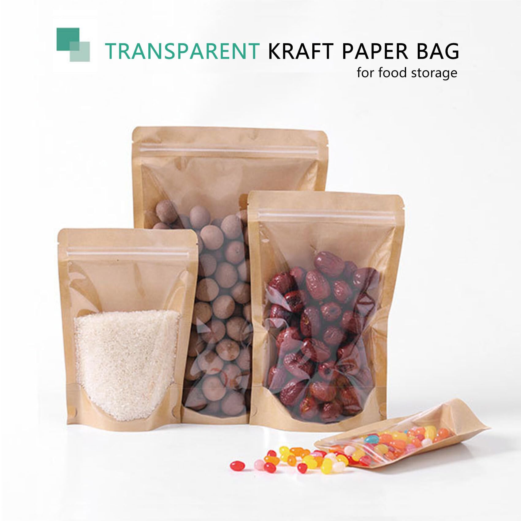 HIBCIGA 100 Pack Kraft Resealable Bags with Clear Front Stand Up Brown Kraft Bags with Window Transparent Bulk Pouches Ziplock Paper Bags 4.7