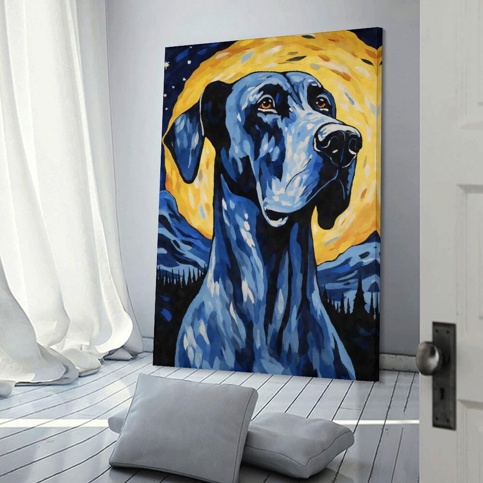 Junmoney Frame-Style-15 Canvas Art Print Great Dane Starry Night, 24X36inch(60X90cm), For Contemporary Homes, Apartments Or Offices, Decorative Canvas Decor For Home Updates