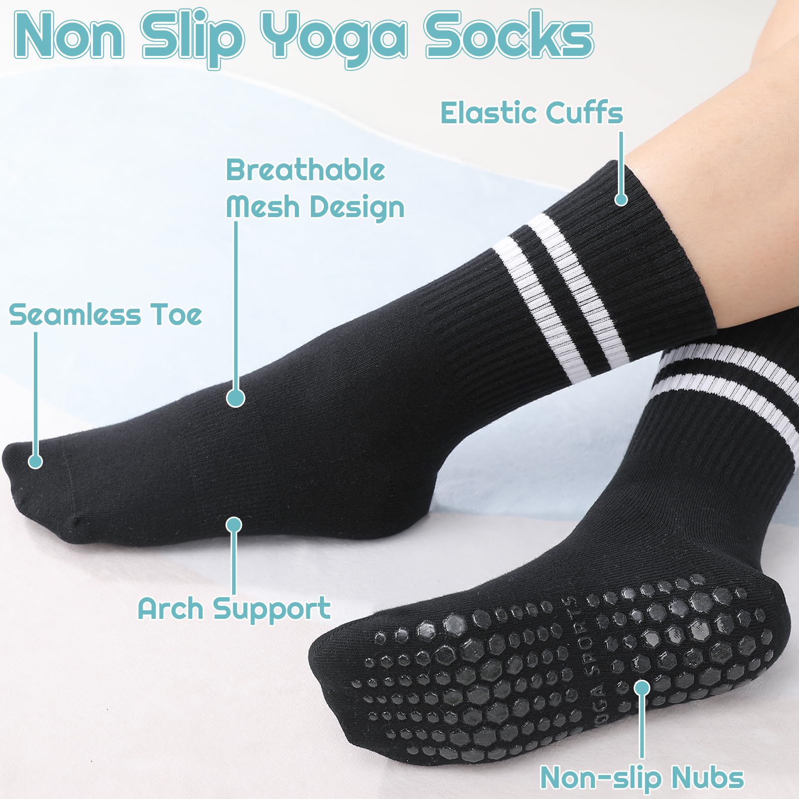 Jspupifip 6 Pairs Grip Pilates Socks Women, Non Slip Yoga Stripe Grippy Crew Breathable Cotton Socks for Ballet Dance, Black