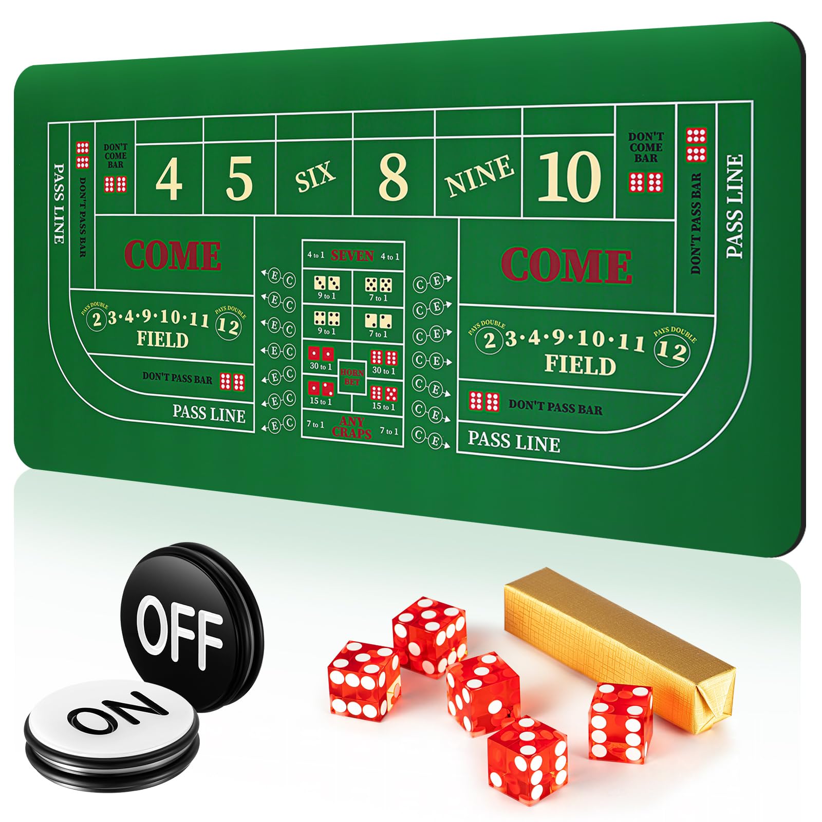 Craps Tabletop Game Set, Includes 35"x70" Rubber Craps Tabletop Layout Mat, Casino Grade AAA 19mm Dice, 3 Inch On/Off Buttons for Casino Poker Nights