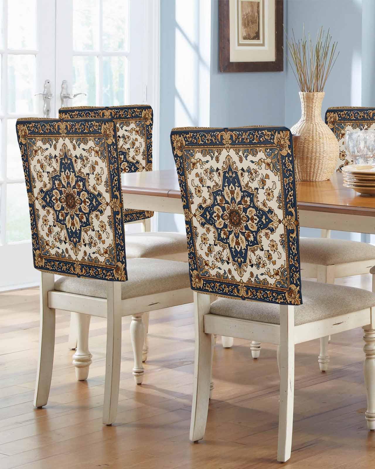 Boho Ethnic Chair Back Covers Set of 4, Dining Back Chair Cover Removable Washable Back Slipcovers, Vintage Bohemian Traditional Floral Classic