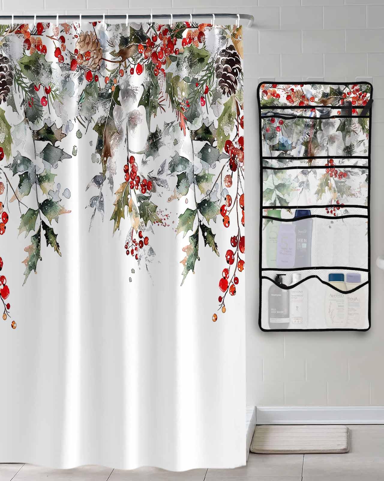 Decorative Shower Curtain Sets Christmas Berry Polyester Fabric Waterproof Shower Curtains Winter Xmas Eucalyptus Leaves White Mesh Shower