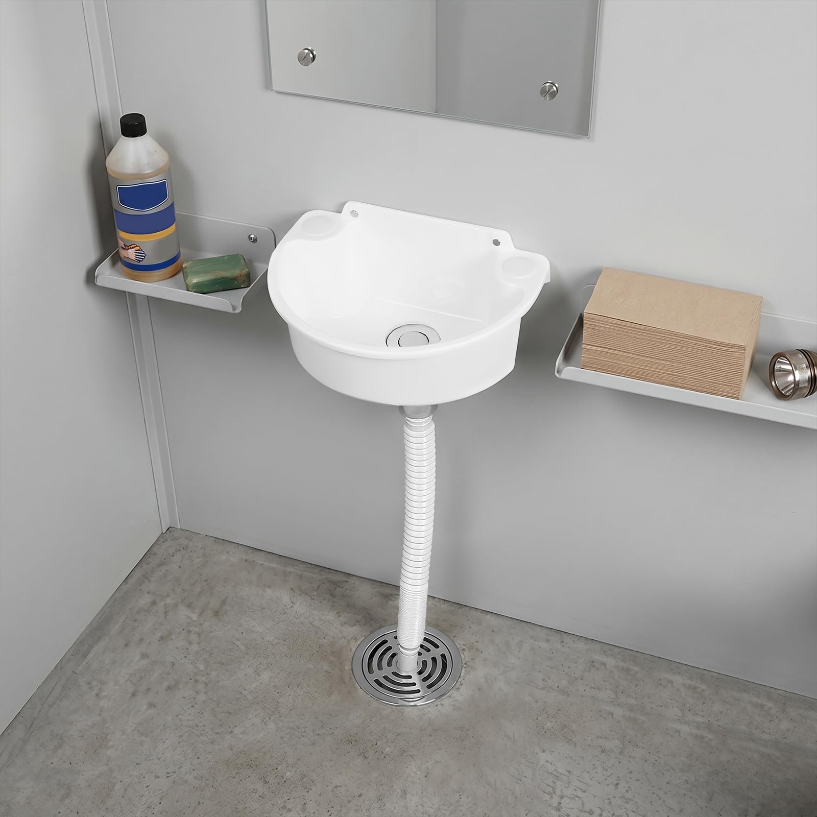 Lavabo in plastica, montaggio a parete, a semicerchio, bianco | Lavello per camper con tubo e tappo di scarico, per angoli della cucina, camper, 29,5 x 21 x 10,5 cm