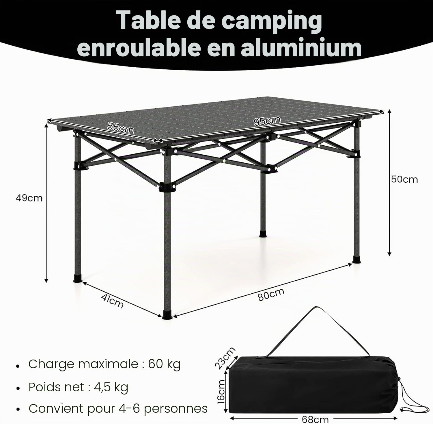 FANTASK Table de Camping Pliable avec Plateau Enroulable, Table de Jardin Pliante avec Plateau en Aluminium pour 4 Personnes