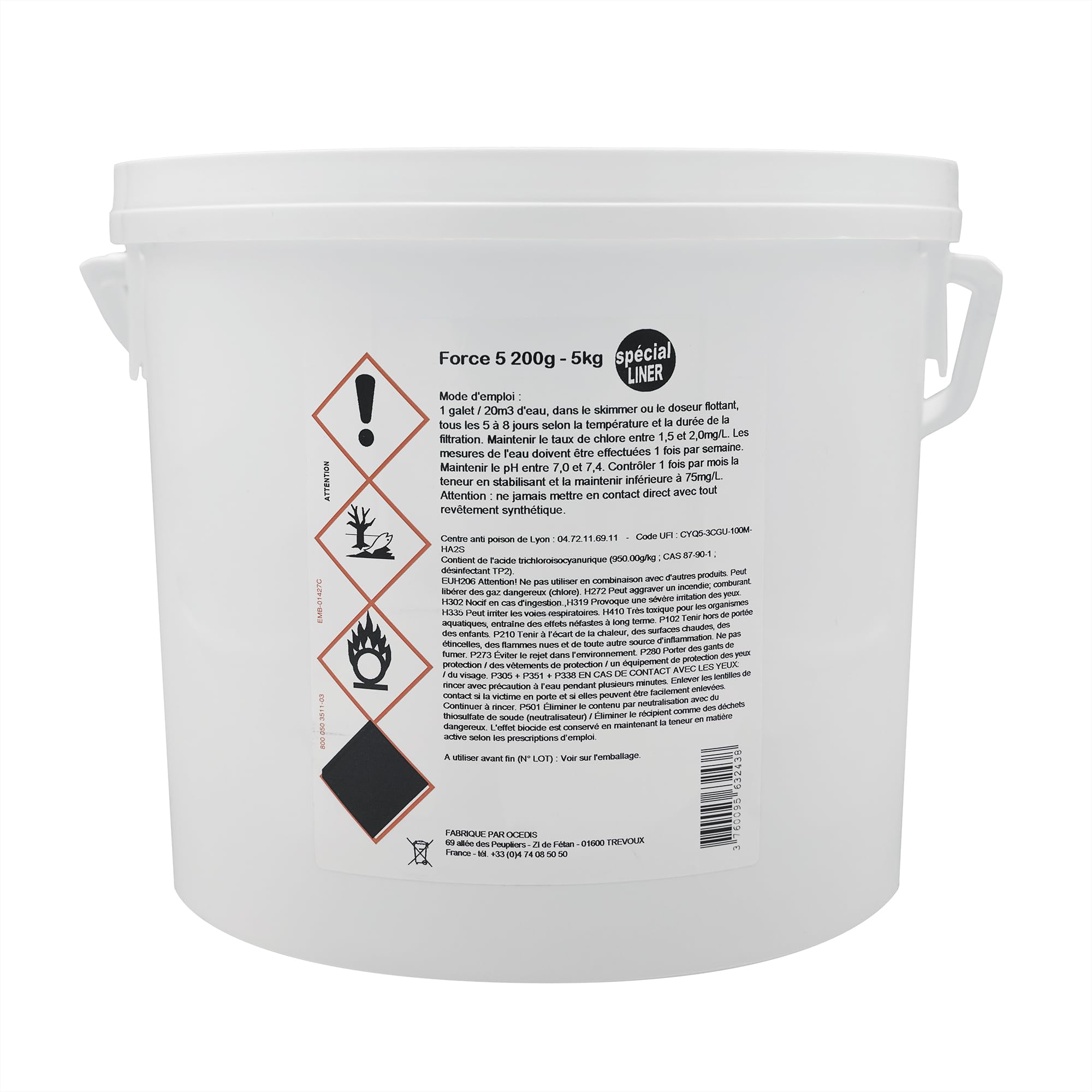 OCEDIS Force 5 - SL Multifonctions Spécial Liner Galets 200g - 5kg | Chlore Lent Stabilisé Multiaction - Désinfection Régulière Multifonction - sans sulfate de cuivre + 10 Tests HPS OFFERTS 6 en 1