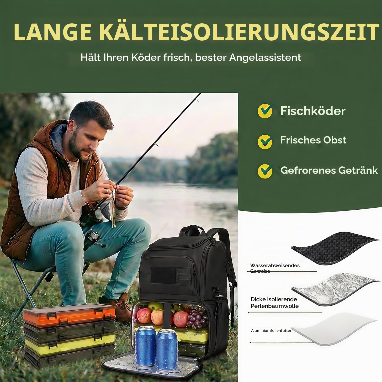 MATEIN Angelrucksack mit Kühler – wasserdichte Angeltasche mit Molle-Gurte, Große militär Rucksack für Angeln, Wandern & Camping, Rutenhalter, Anti-Diebstahl-Tasche & Rostfreiem Reißverschluss