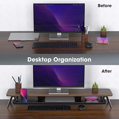 Vista 8 de Fenge Soporte para monitor doble, soporte elevador para 2 monitores, estante de escritorio de madera de 42.5 pulgadas con organizador