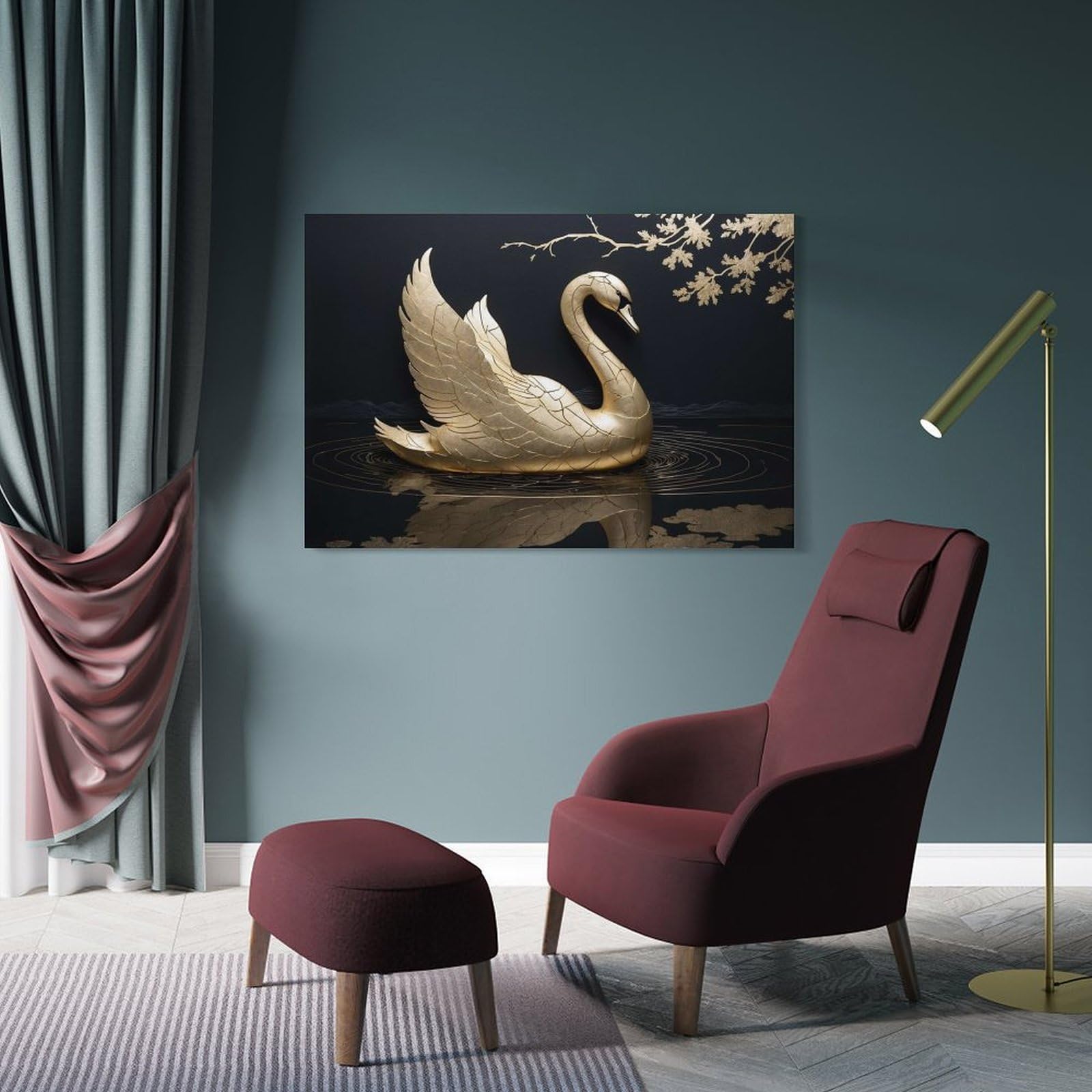 Junmoney Frame-Style-3-1 Golden Swan On Black Water Canvas Art Print 24X36inch(60X90cm), For Calm Bedrooms, Home Corners Or Flats, An Easy Wall Refresh For Bedrooms