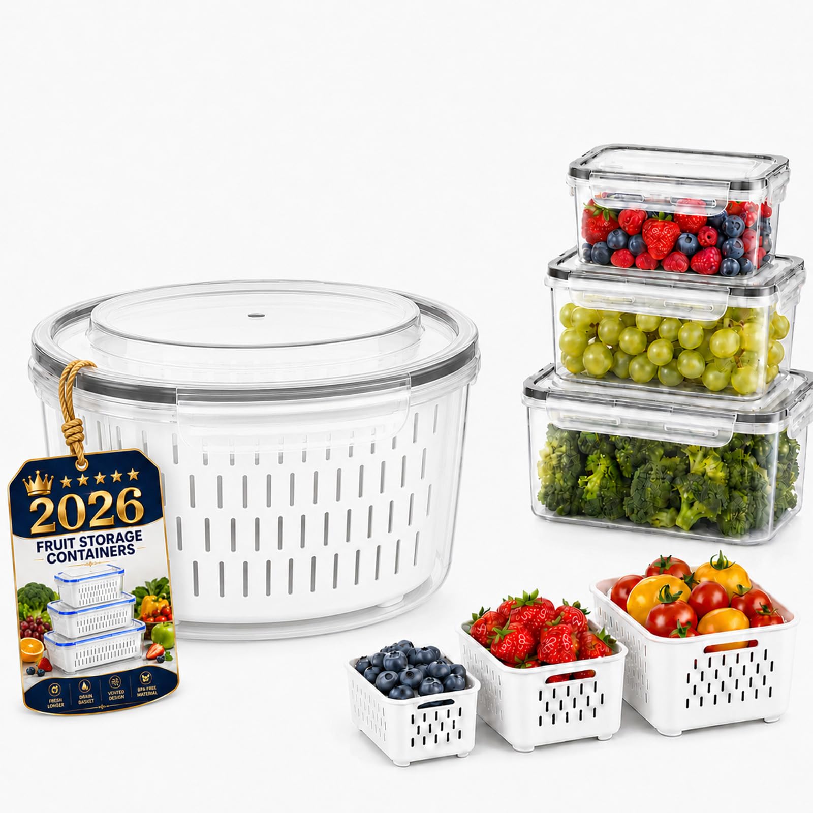 4-In-1 Fruit Strainer Container, Berry Storage Containers for Fridge with Removable Colander & Lid, Airtight Fresh Food Storage Containers with Drain Basket for Vegetable & Kitchen，Round：M
