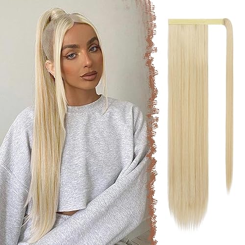 FESHFEN Extensiones de cola de caballo largas y rectas con clip envolvente, extensiones de cola de caballo sintéticas para mujer, extensiones de
