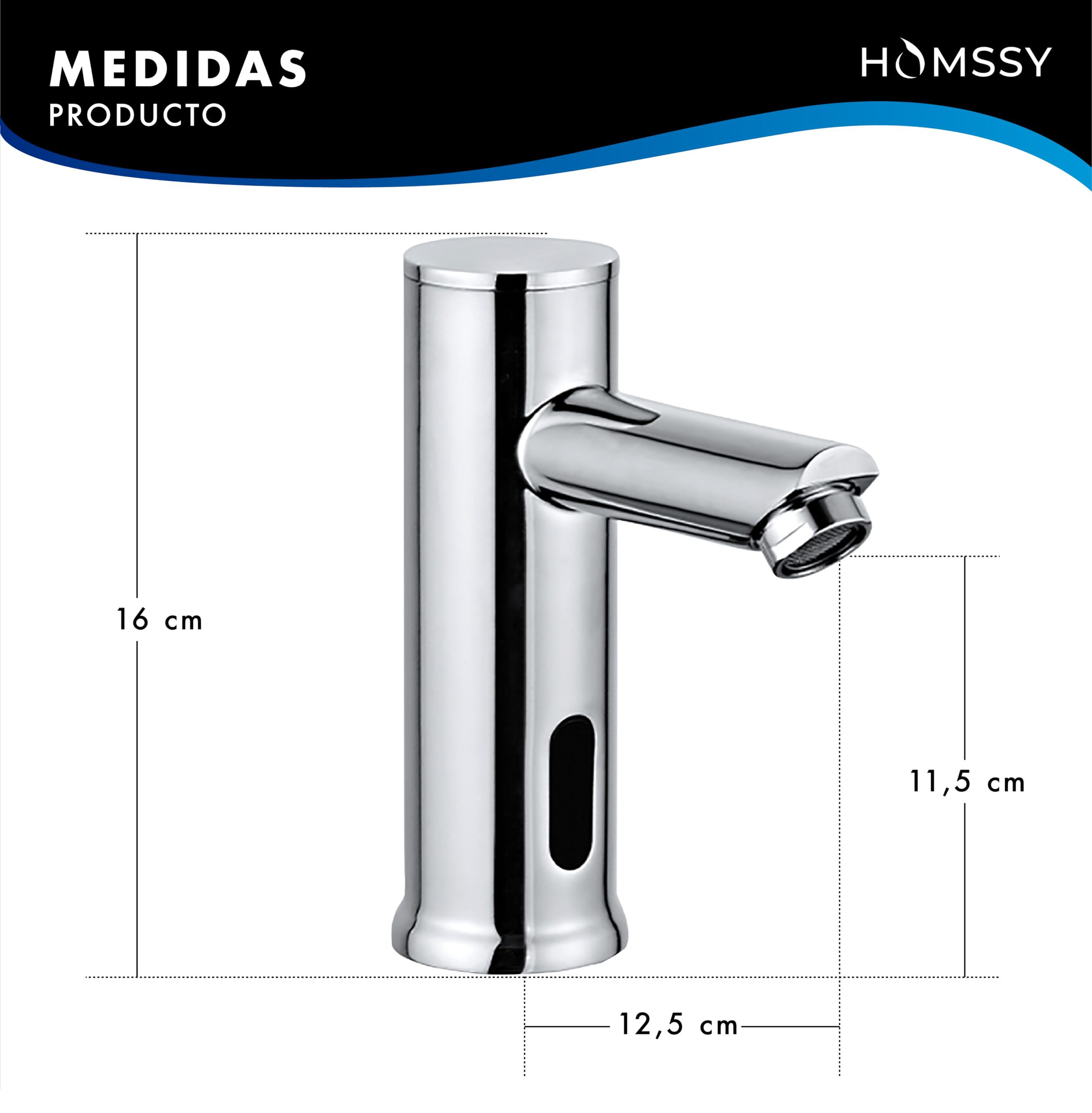 Rubinetto elettronico basso con sensore a infrarossi, senza contatto, 2 acque con premiscelatore regolabile (calda/fredda), ottone cromato – per lavabo bagno
