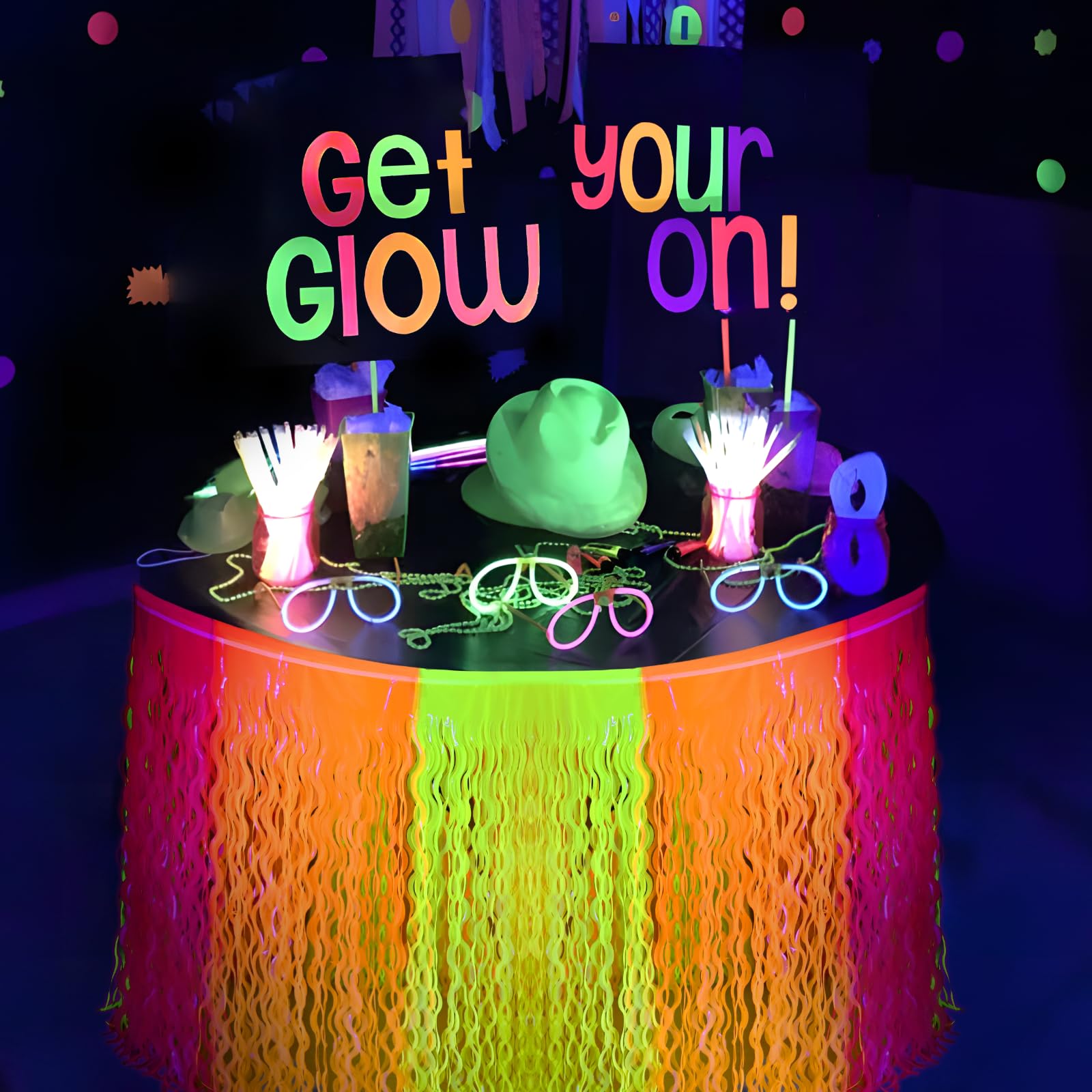 Mega-L Glow in The Dark Party Supplies, 2 Pack Neon Party Decorations Fluorescent Macaron Orange, Yellow and Fuchsia Wavy Metallic Tinsel Foil Fringe Table Skirts, Perfect Table Decors Glow Decors