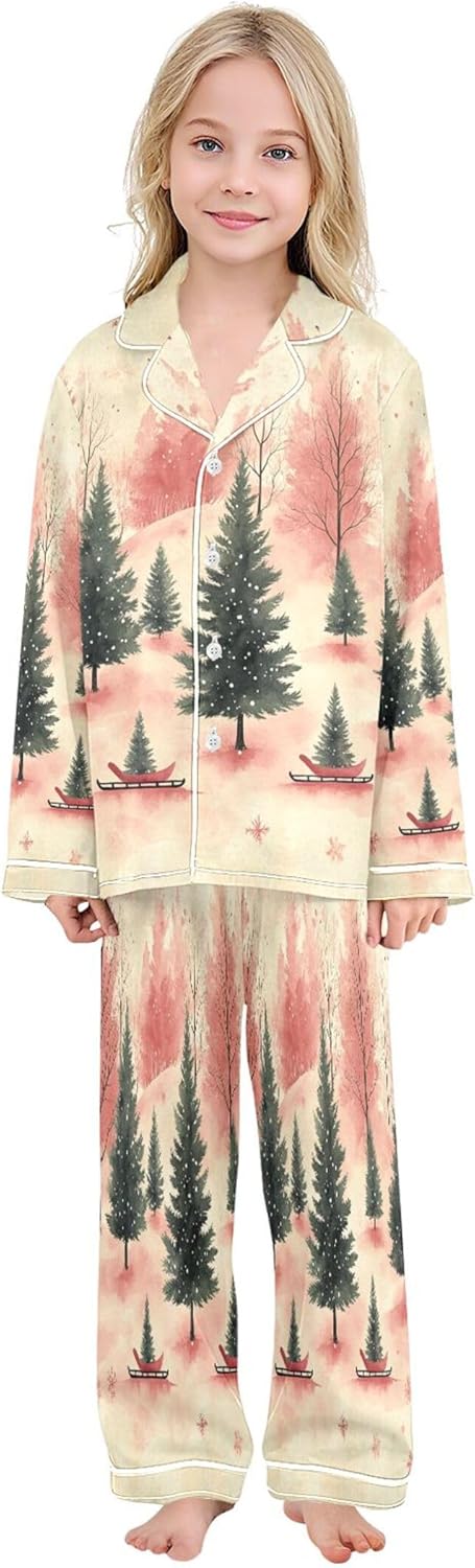 Christmas Trees Soft Red Satin Pajama Set Long Sleeve Pajamas Silk Sleepwear 2 Piece Pjs, Size 7-8 Years
