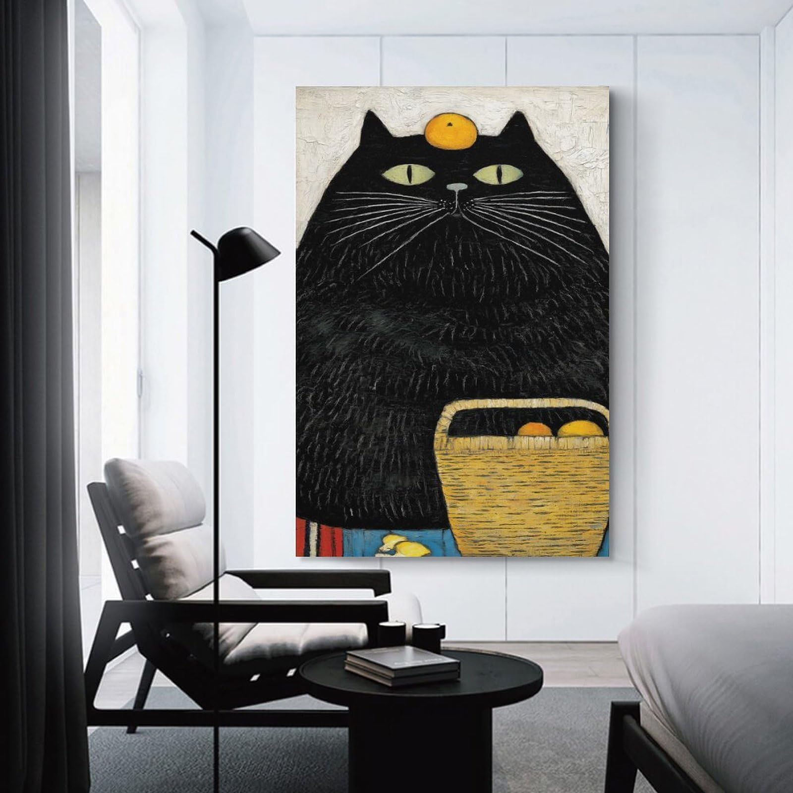 Junmoney Black Cat with Orange Canvas Wall Art, 08x12inch(20x30cm), for Bedroom Decor, Cosy Corners Or Studios, Stylish Decor for A Restful Room Update