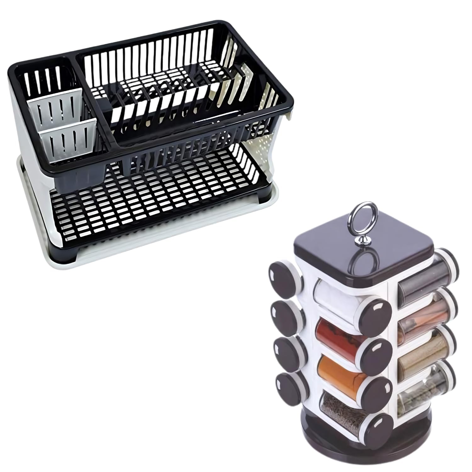 - 𝐂𝐨𝐦𝐛𝐨 C1108 Kitchen Organizer Rack, Water Storing Tray/Dish Rack & Spice Rack Counter top Spice Jar Stainless Steel Rotating Spice