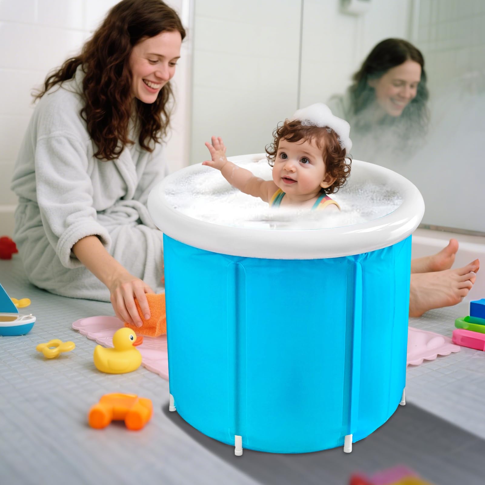 Bañera Inflable con Bomba de Aire y Cesta Portátil Incluida | Ducha Spa de Pie para Interior para Adultos y Niños Baño Gimnasio Interior Exterior Hogar Viajes SPA Camping