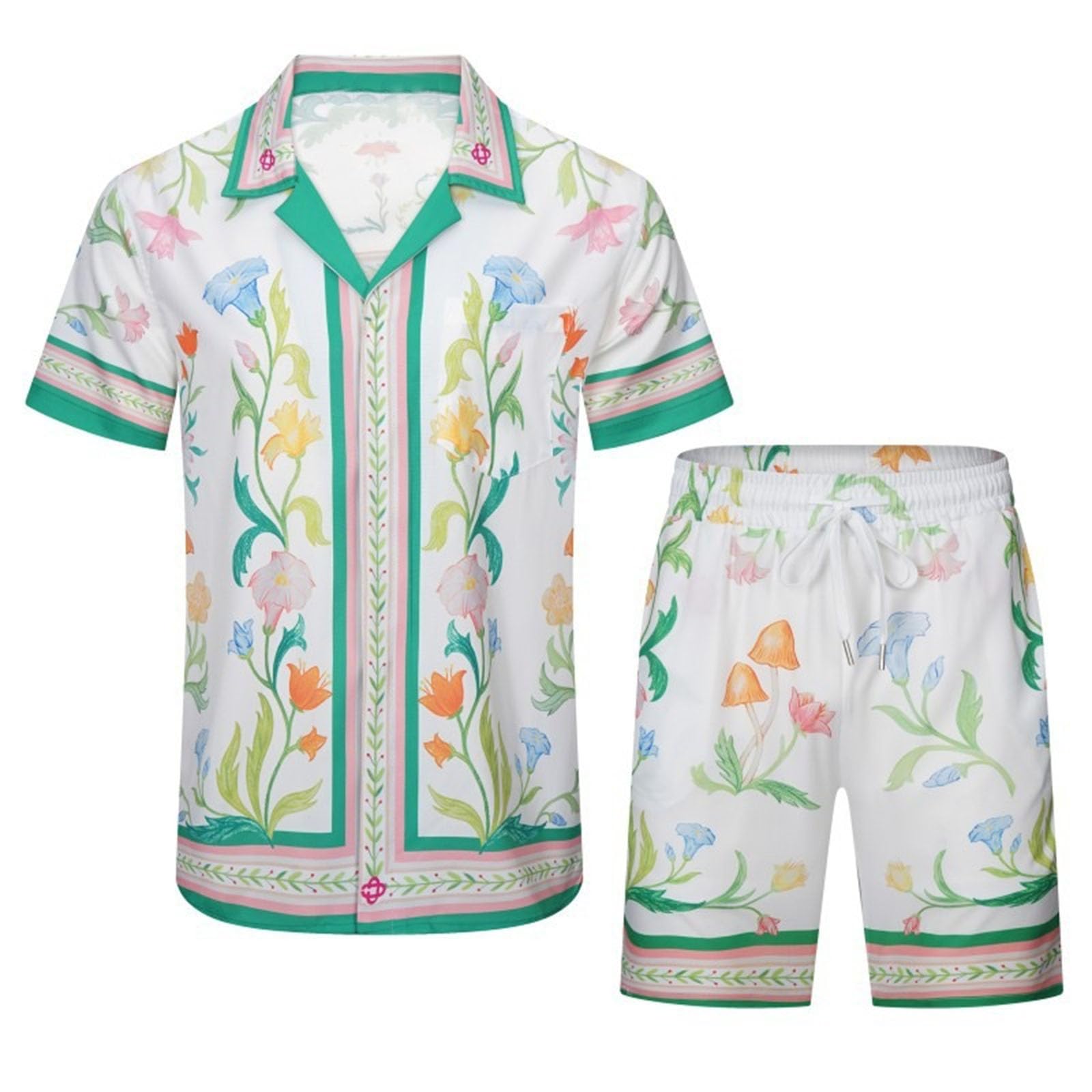 Retro Trend Plaża Krótki Rękaw Kwiatowa Koszula Para Spodenki Dwuczęściowe Letnie Oddychające Fajne Wszechstronne Codzienne Wypoczynek