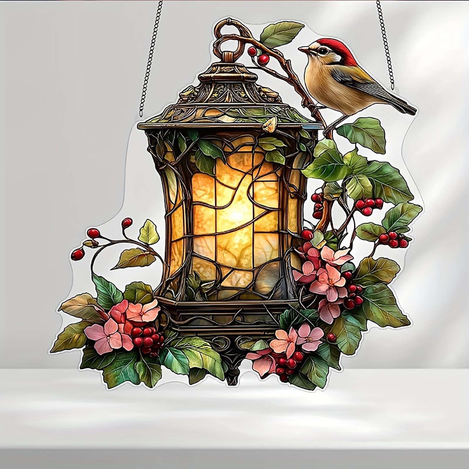 Vintage Stained Glass Hanging Lantern with Realistic Bird & Floral Design - Dark Bronze Metal Outdoor/Indoor Ornament for Garden, Patio, Porch, Living Room Decor, Warm Amber Panels & Hand-Painted Ivy