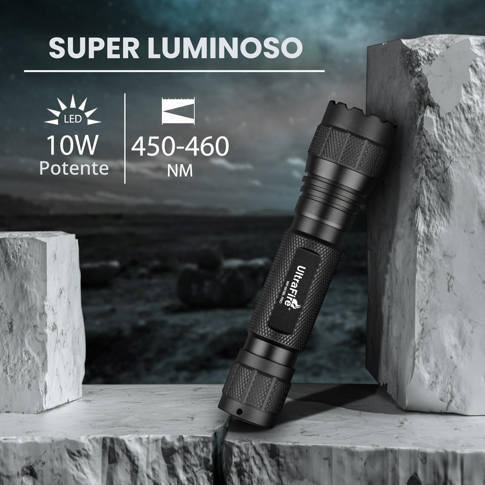 ULTRAFIRE Torcia a LED a luce blu, 450-460 nm, con fondina, 10 W, luce blu ad alta potenza, per visione notturna, osservazione galleggiante fluorescente, WF-501G RRO