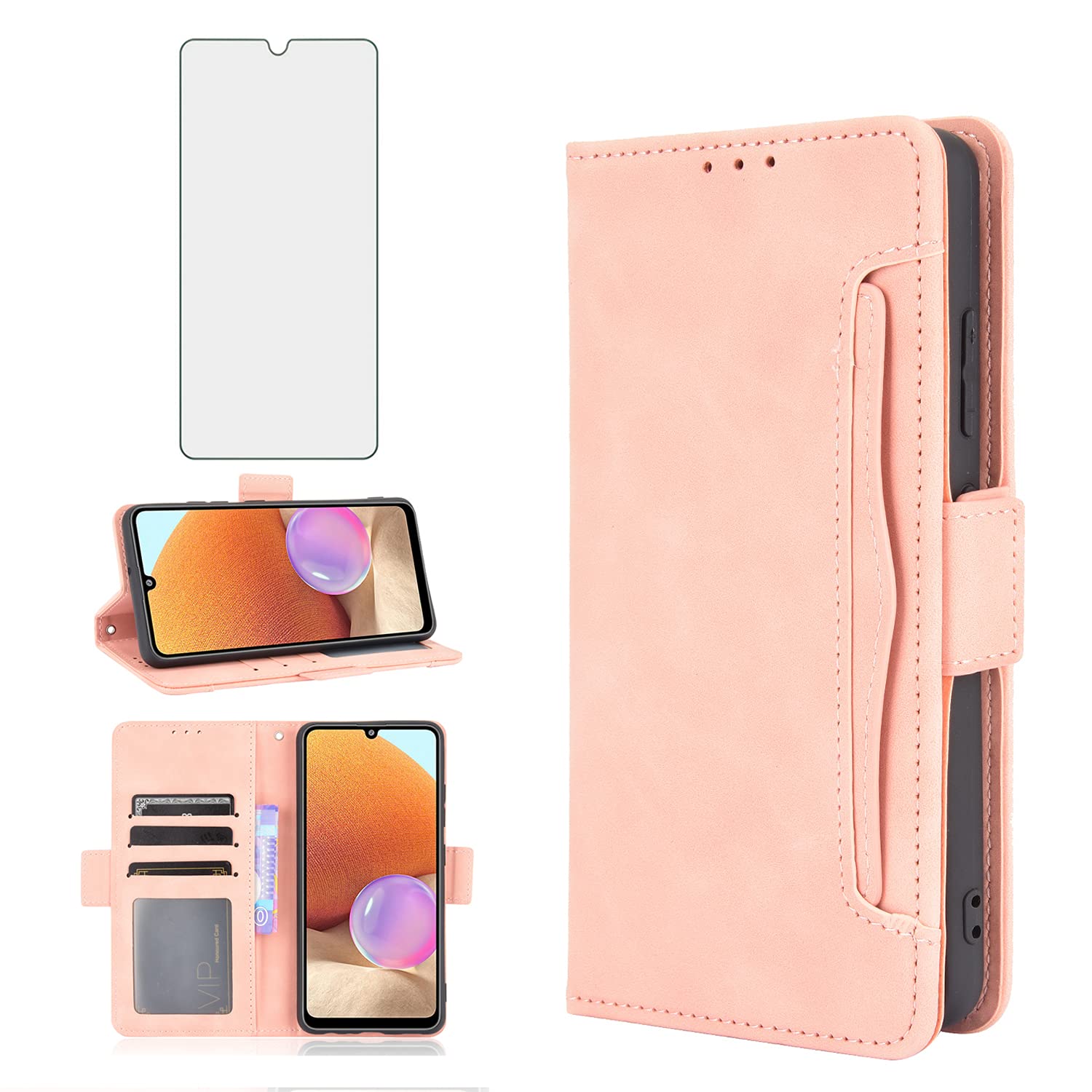 Phone Case for Samsung Galaxy A32 4G inch Wallet Purse Leather Flip  Cover With Tempered Glass Screen Protector Card Holder Slot Stand Kickstand