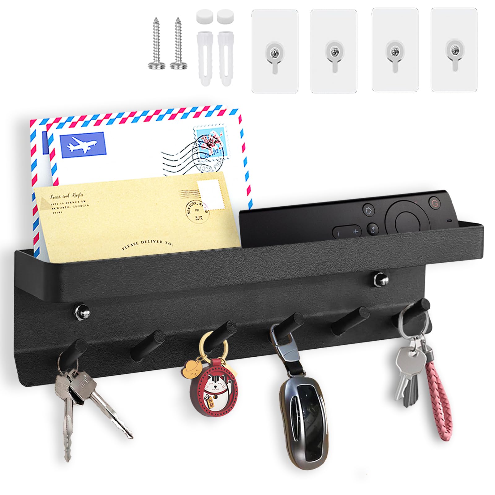 6 Hooks Key Holder, Self Adhesive or Drilling 2 Ways Installation Wall Key Rack, Key Hooks Wall Mounted for Entrance Area, Kitchen, Office, Bathroom, Living Room. Black