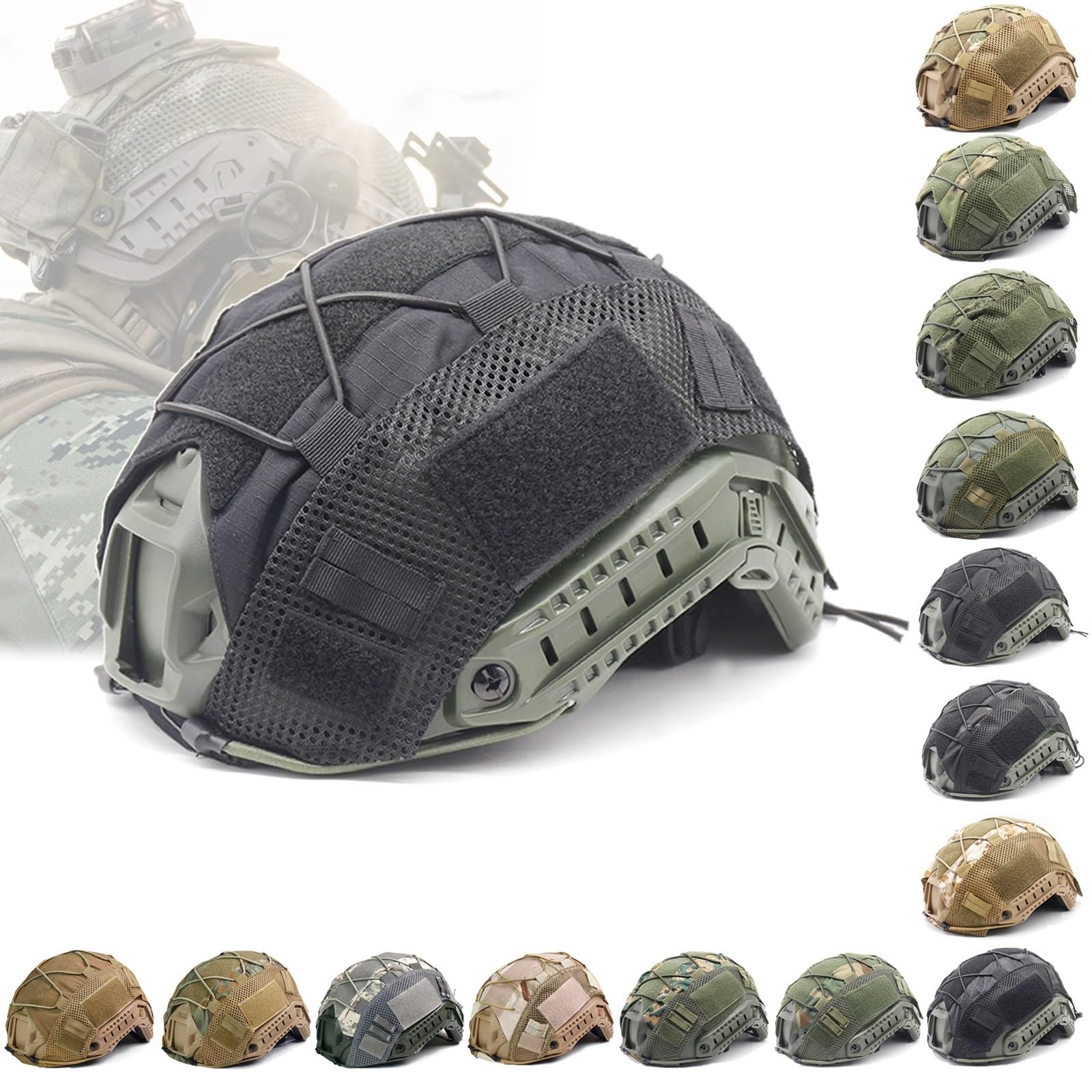 Tactical Helmet Cover Camo FAST Airsoft Paintball High-cut Helmet Cloth Hunting Shooting Helmet Accessories with Elastic Cord(Pure black)