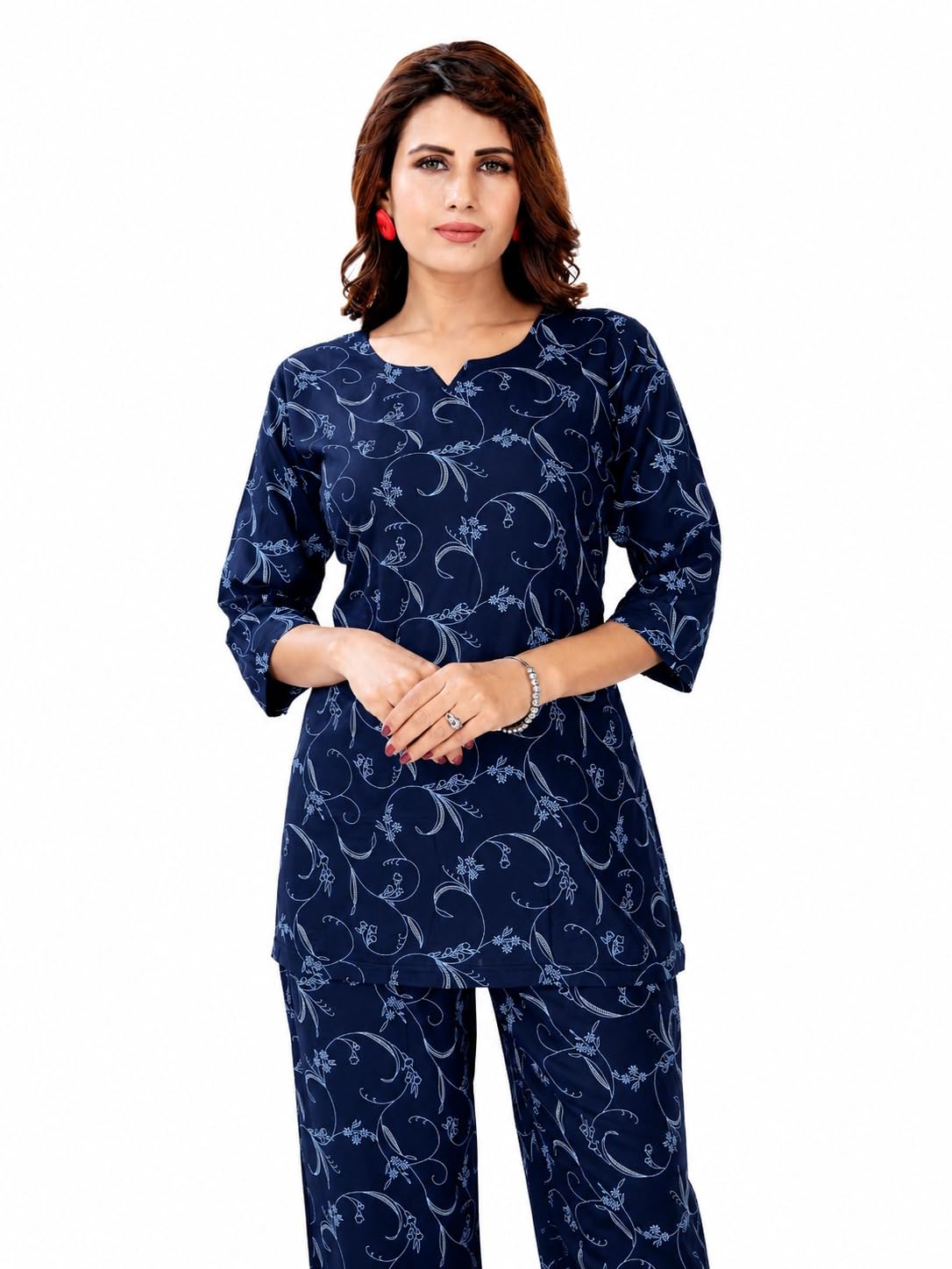Women's Navy Blue Floral Print Night Suit, Top and Pyjama Set, 3/4 Sleeve, Lounge Wear-image-28