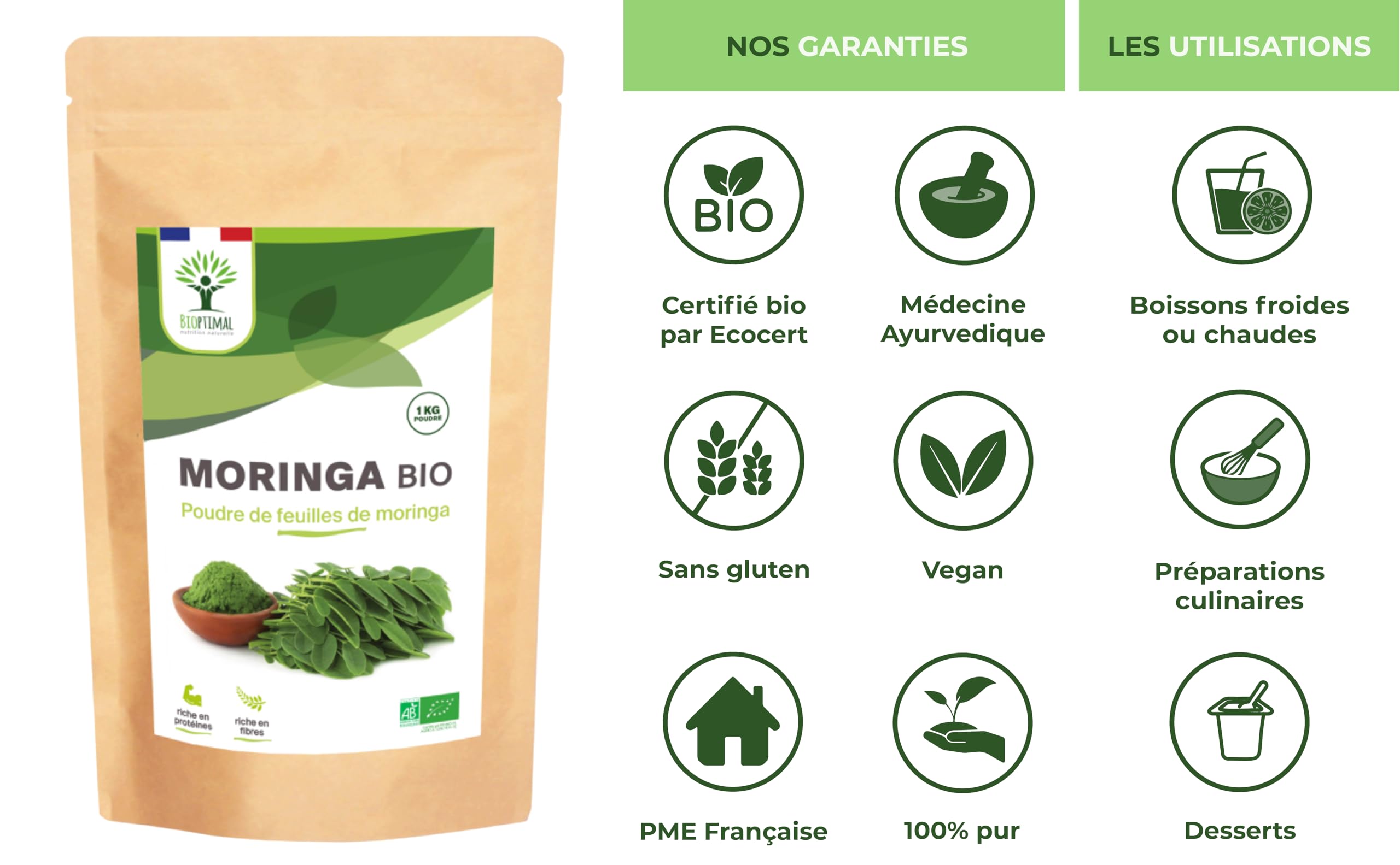 Moringa Bio - Bioptimal - En Poudre - 100% Feuille de Moringa Oleifera - Antioxydant Immunité Anti-Fatigue Cheveux - Vitamine A C E - Origine Kenya - Conditionné en France - Certifié Ecocert - 1kg