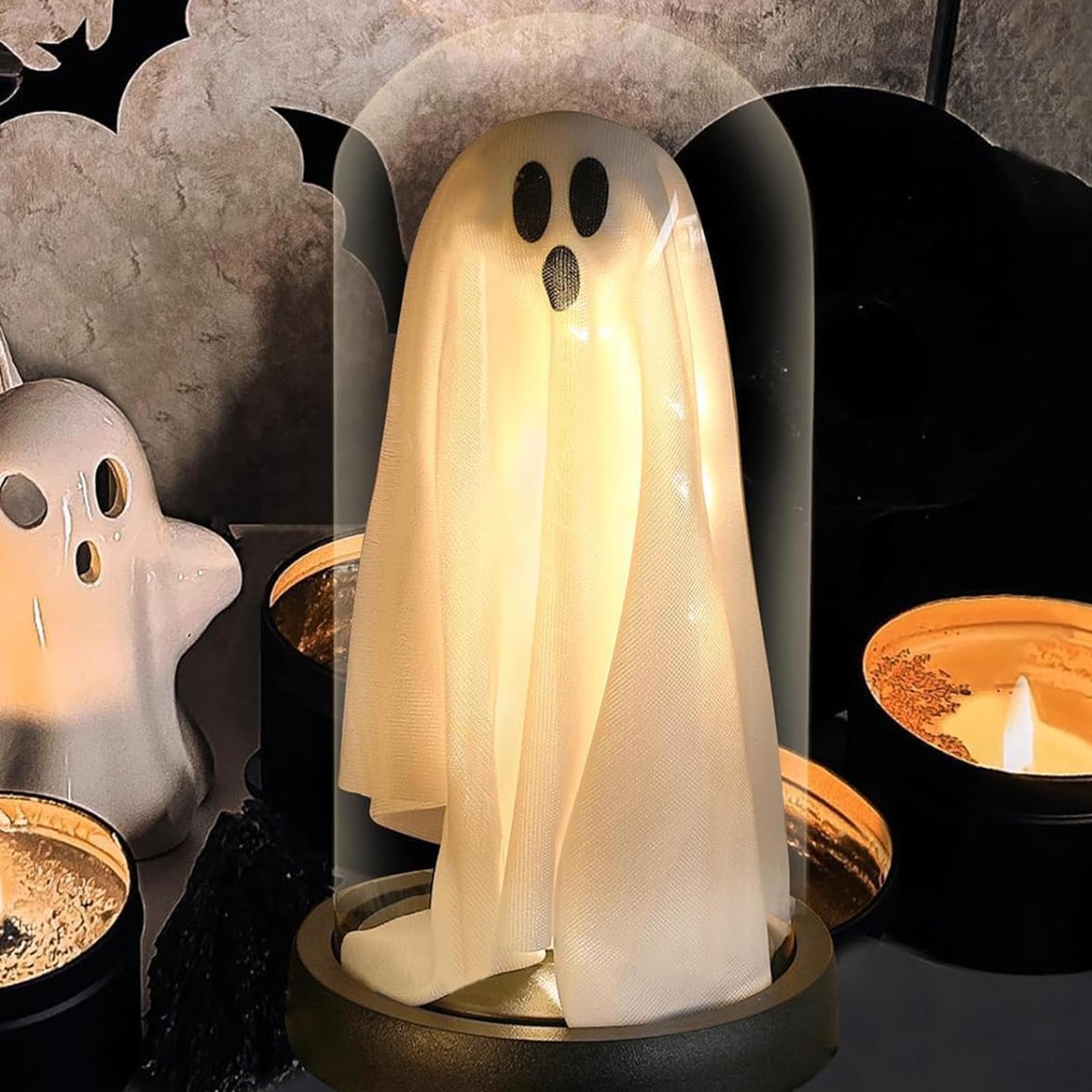 Zercuop Halloween Ghost In Glass Cloche - Light-Up Ghost Decor For Indoor Table, Mantel, Or Party, Cute Spooky Decoration