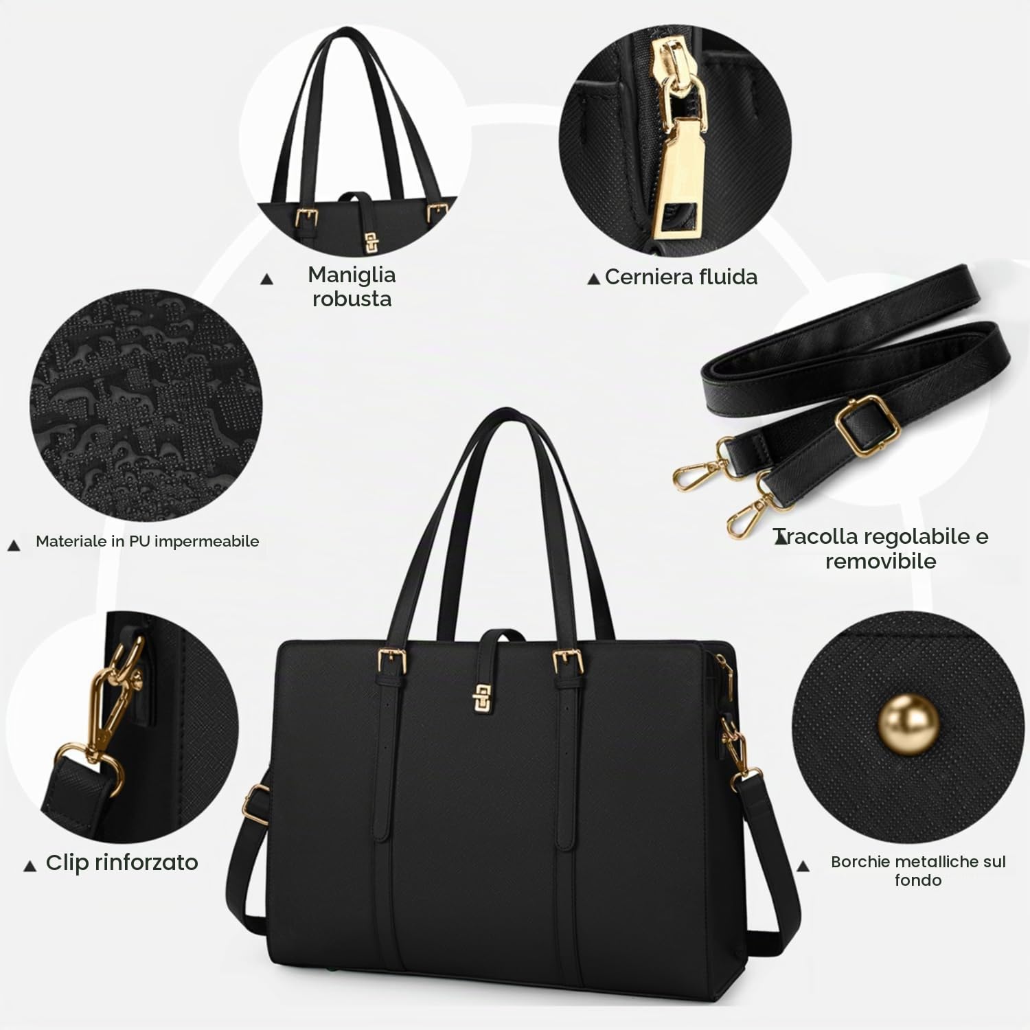 IGOLUMON Grande Borsa Lavoro Donna Porta PC 15.6 Pollici per PC Computer Impermeabile Università Scuola Tote a Tracolla Shopper in Pelle PU per Business Nero