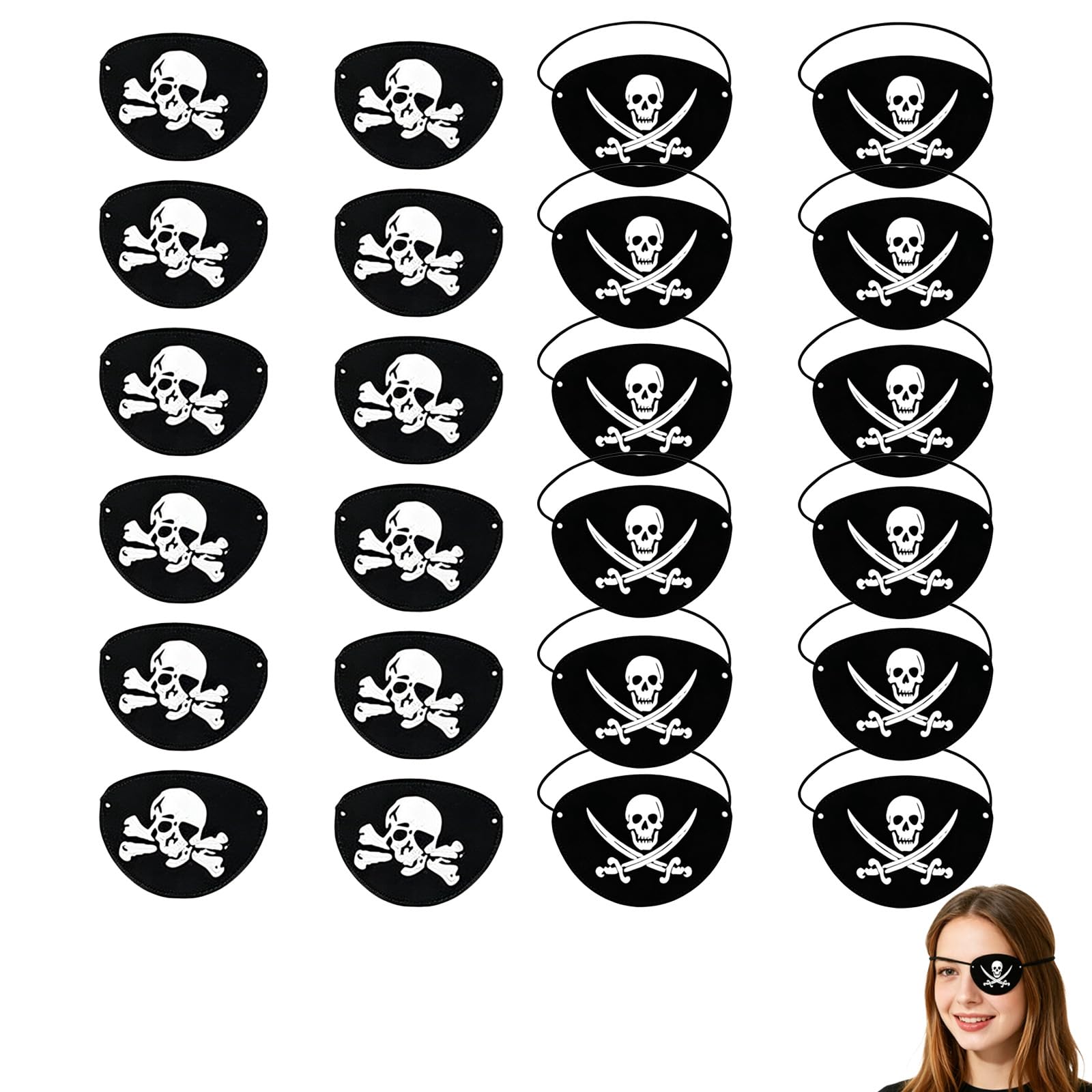 Eowppue 24 Pack Black Pirate Eye Patches, Felt One Eye Costume Masks with Skull Print for Halloween Dress Up, Christmas Parties, Cosplay Accessories, Party Favours and Stage Props