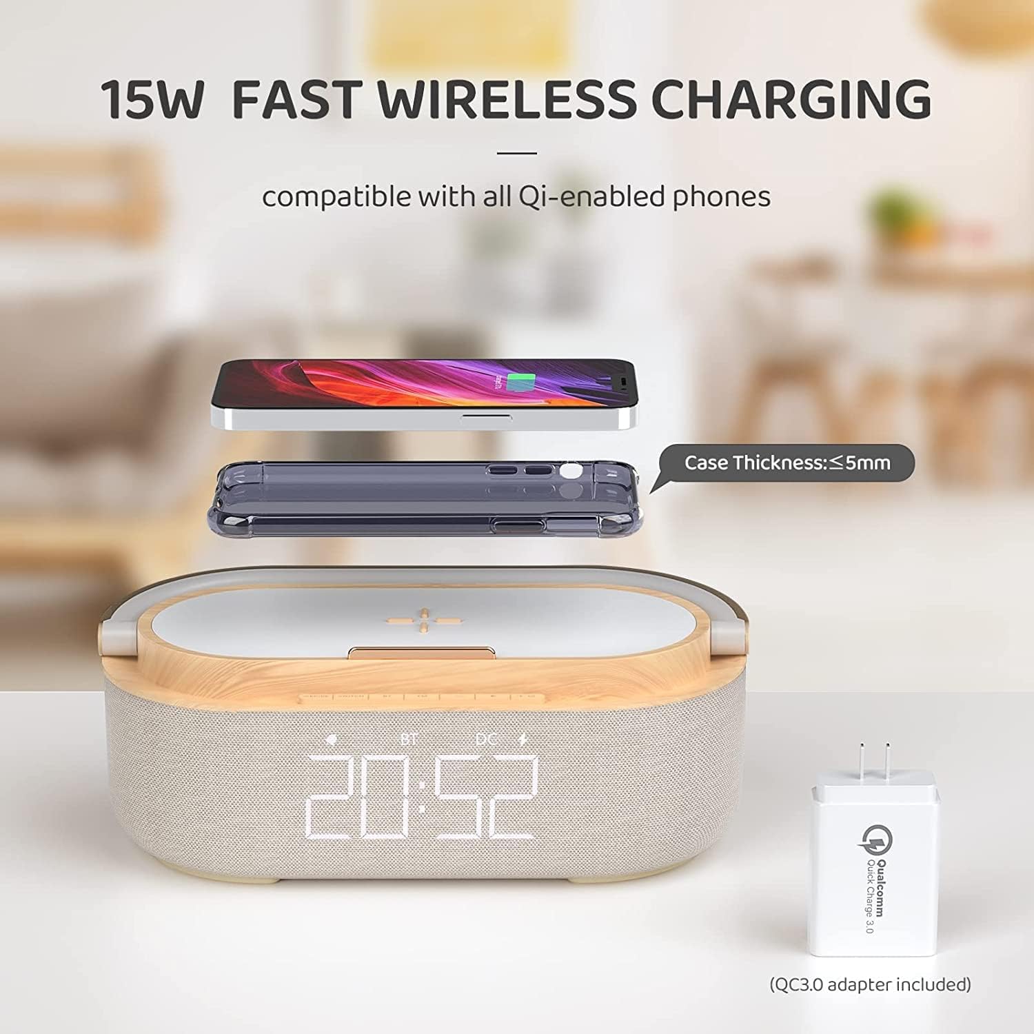 COLSUR Radiowecker Digital mit Wireless Charger, Bluetooth Lautsprecher mit USB-Ladegerät, Smart Wecker Schlummerfunktion Induktive Ladestation, Nachtlampe, Dimmbares LED-Display und Batterie-Backup