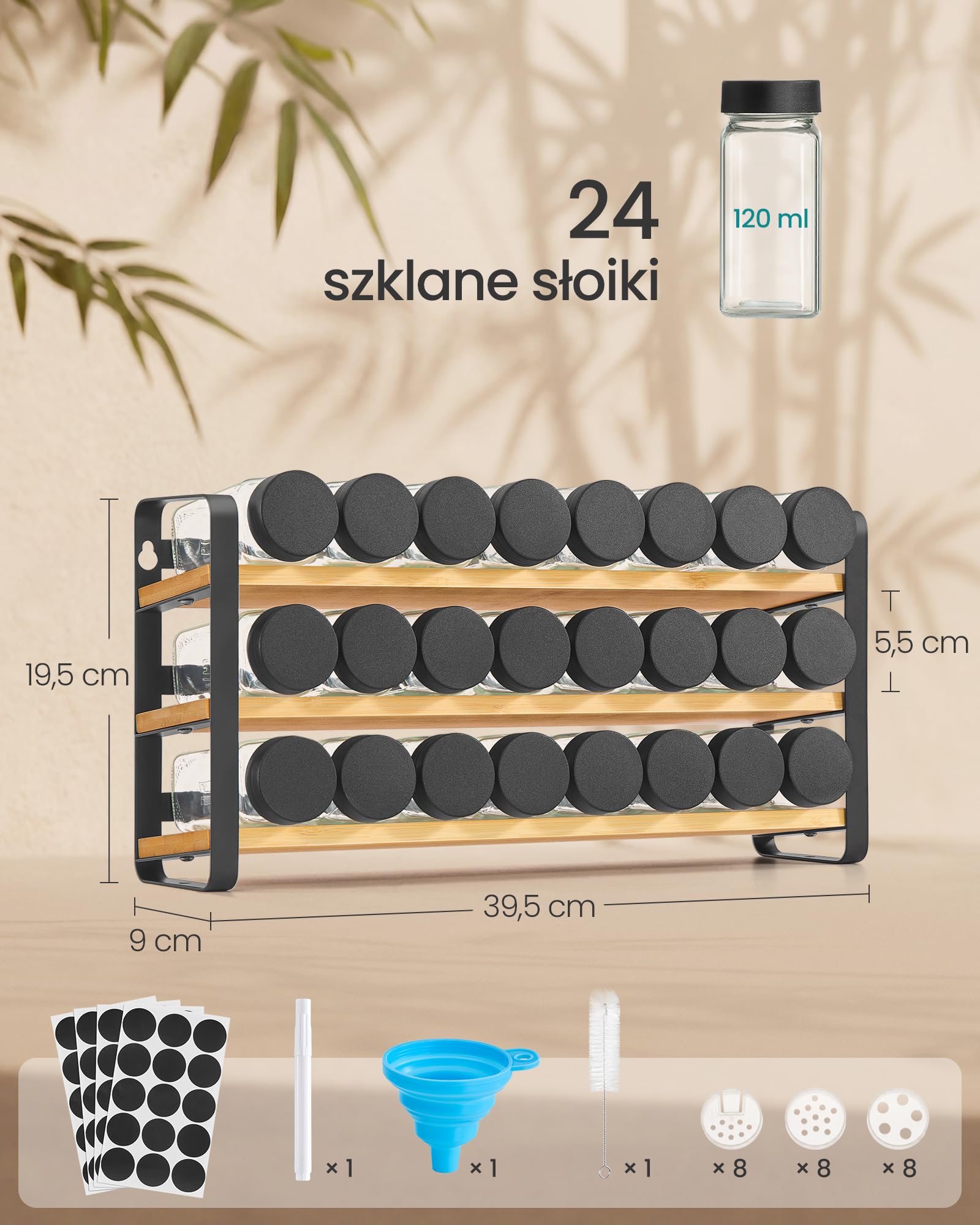 SONGMICS Stojak na przyprawy, 3 poziomy, 24 słoiki na przyprawy, organizer na przyprawy, organizer do szafki kuchennej, stojak na przyprawy z etykietami, lejek, marker i pędzel