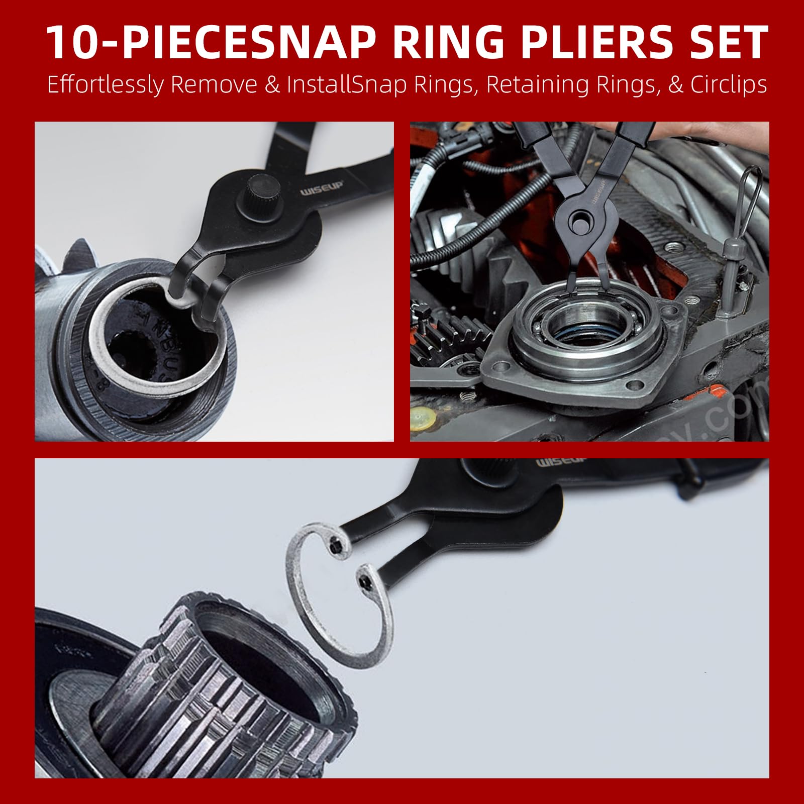WISEUP Set di 10 pinze per anelli elastici, resistenti, kit di pinze per anelli interni/esterni, con pinze dritte piegate, punte dritte/piegate per rimozione anelli a C, con custodia