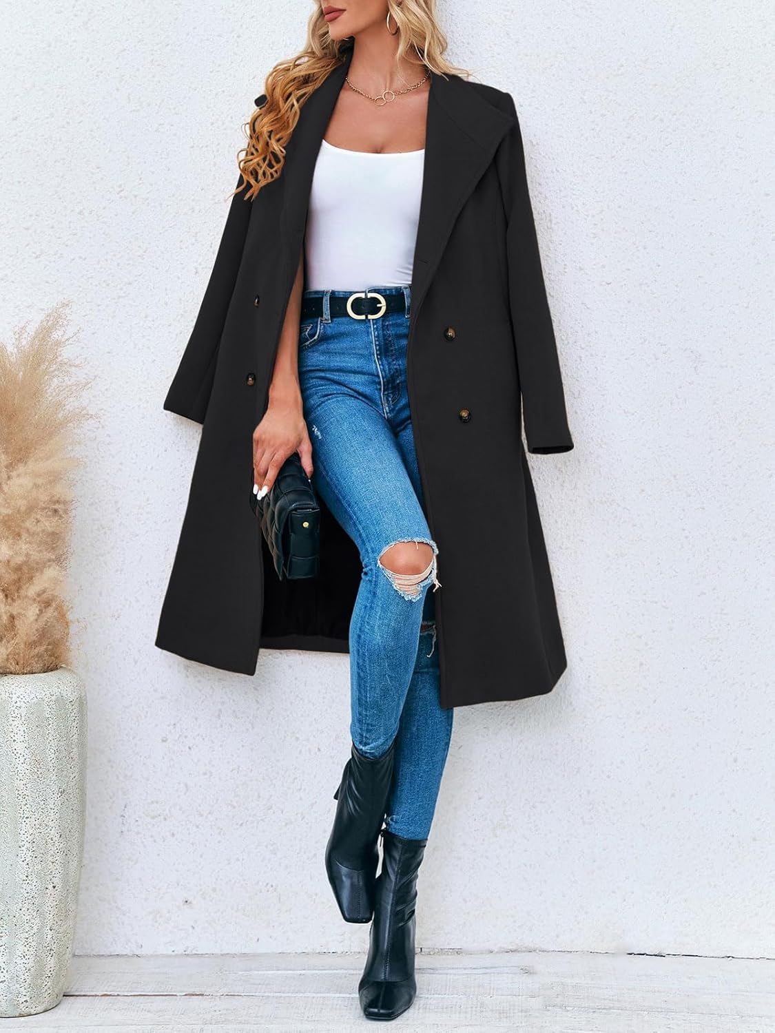 Fisoew Women Double Breasted Coats Long Winter Work Office Overcoat Pocketed Outwear with Belt - Image 4