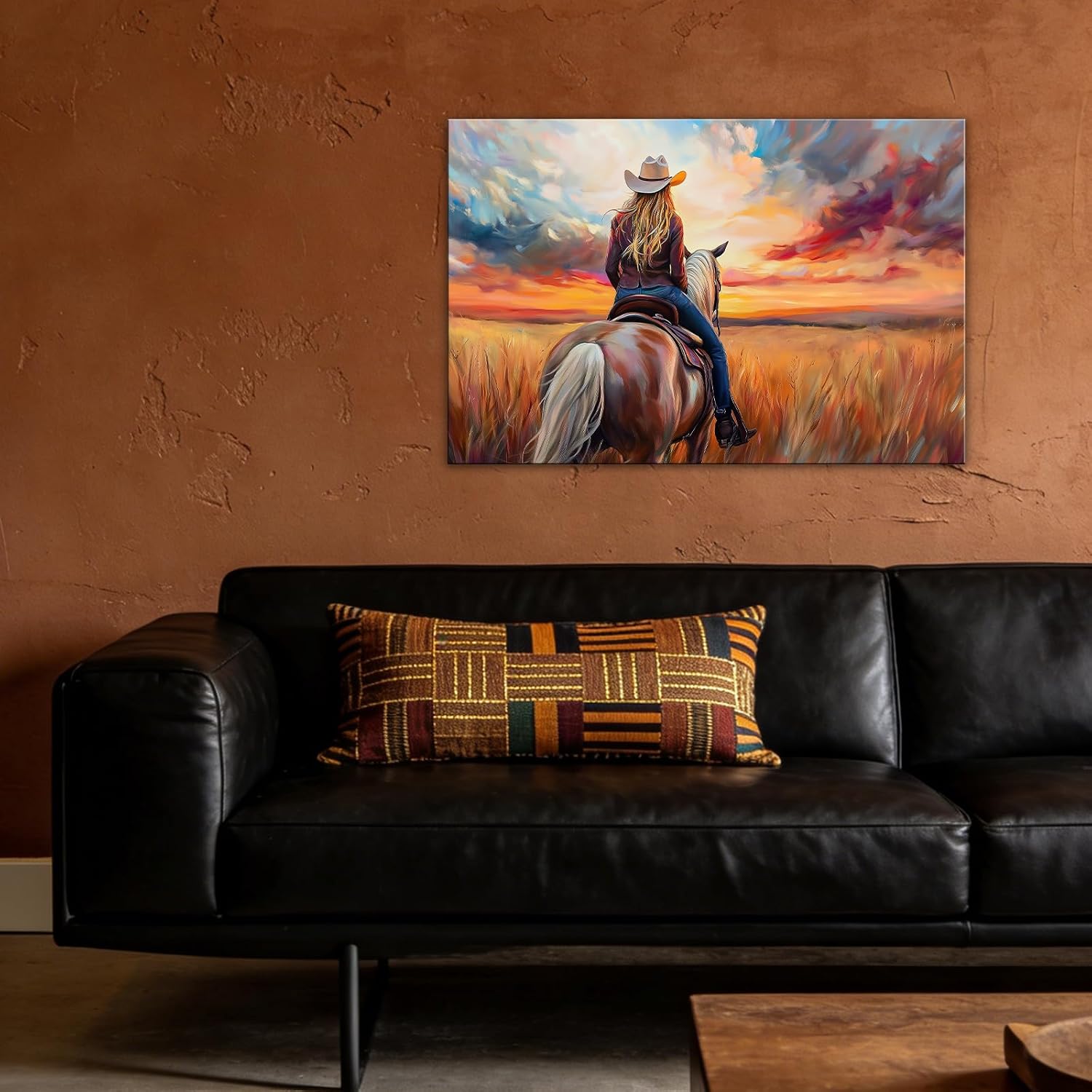GLOKAKA Cowgirl Riding Horse Canvas Wall Art Western Cowgirl Picture Print Sunset Landscape Paintings Rustic Farmhouse Wall Decor for Living Room Bedroom Home(Artwork-3,28"x42")