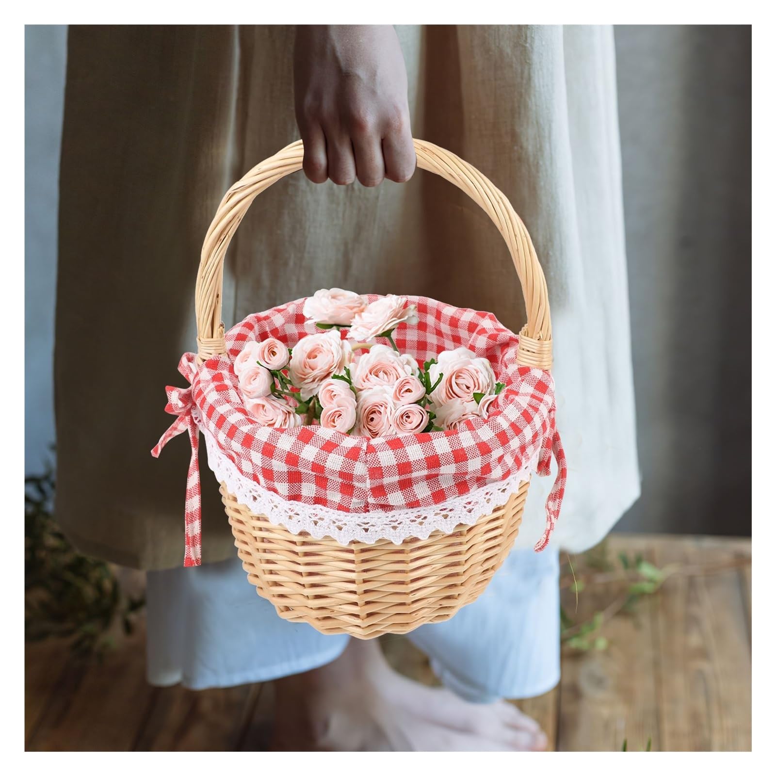 Cestino Picnic Cesto di Cappuccetto Rosso Borsa da picnic intrecciata a mano regalo portaoggetti in vimini interno in lino(Red)
