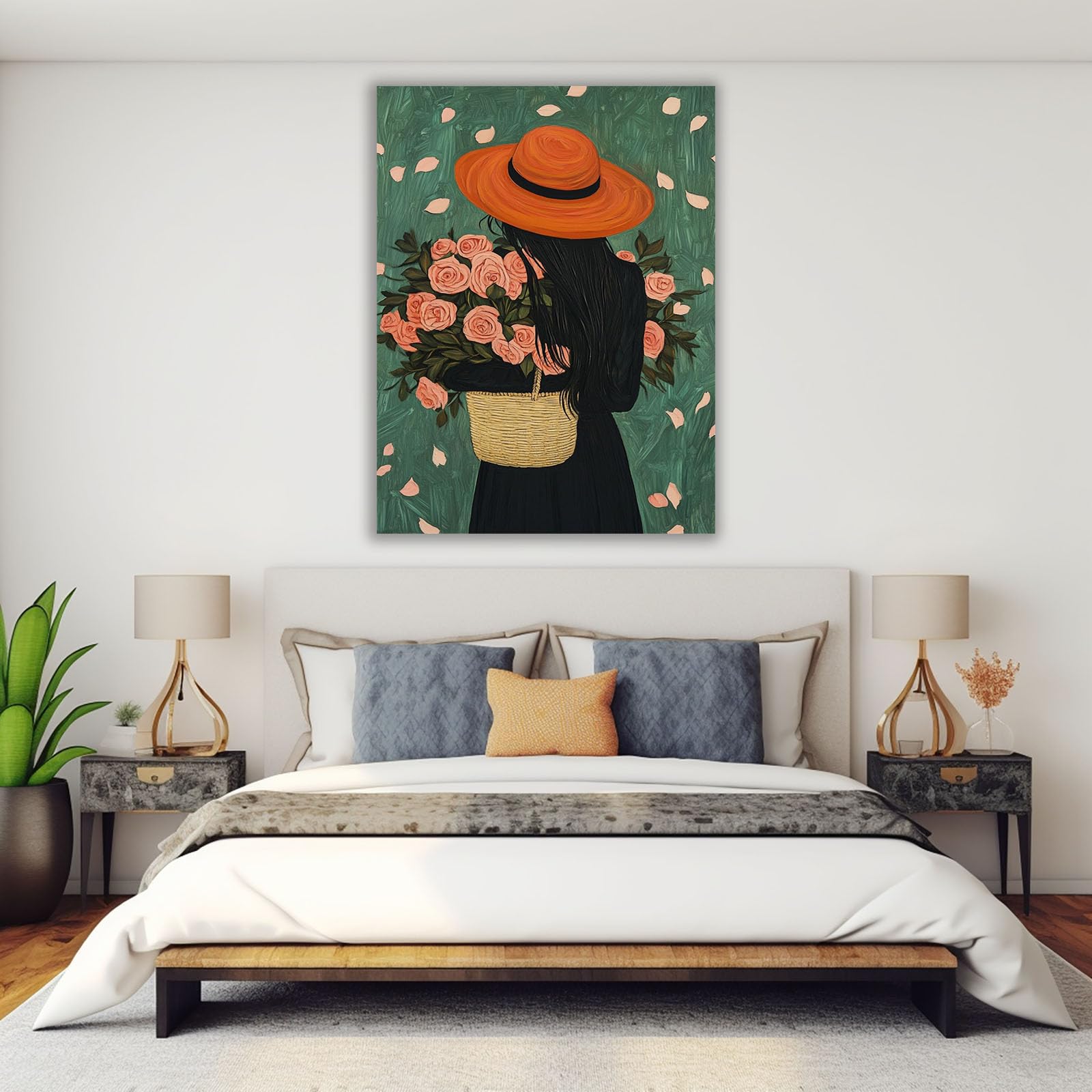 AMXBZC Afroamerykanie, płótno, sztuka ścienna, kobieta, kwiatowa grafika boho, czarna kobieta, abstrakcyjna dziewczyna, druk artystyczny, obraz do salonu, łazienki, grafika na ściany (zielona 7) - 80