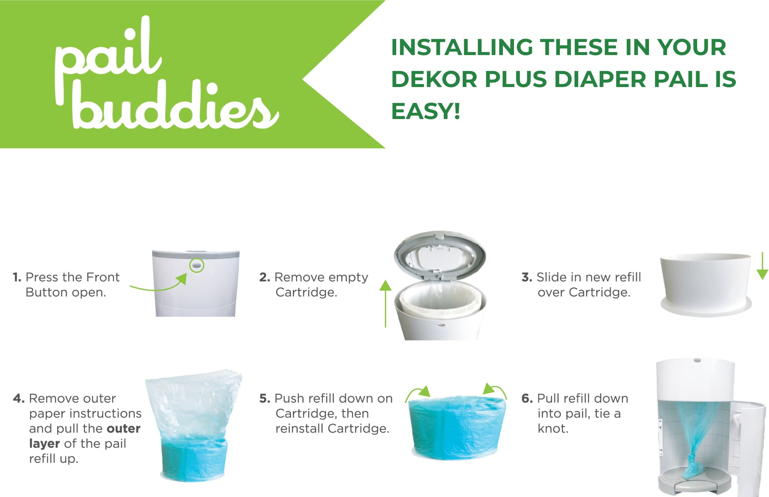 Recambios de cubeta para pañales Dekor Plus | 6 unidades | Capacidad para hasta 3600 pañales | Recambios de cubeta de pañales resistentes y duraderos con olor a polvo fresco | Fácil de instalar en