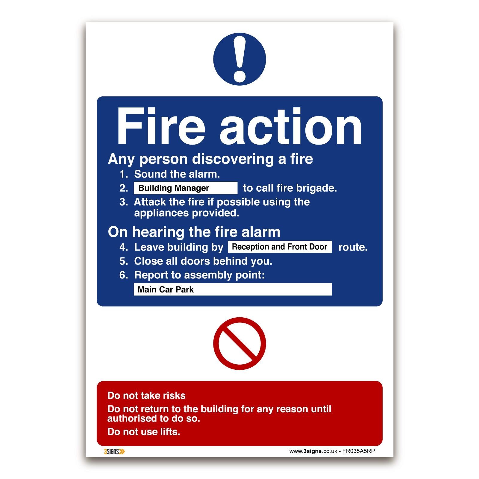 3 Signs Fire Action Plan Sign - A5 1Mm Rigid Plastic Sign - Fire Action Safety