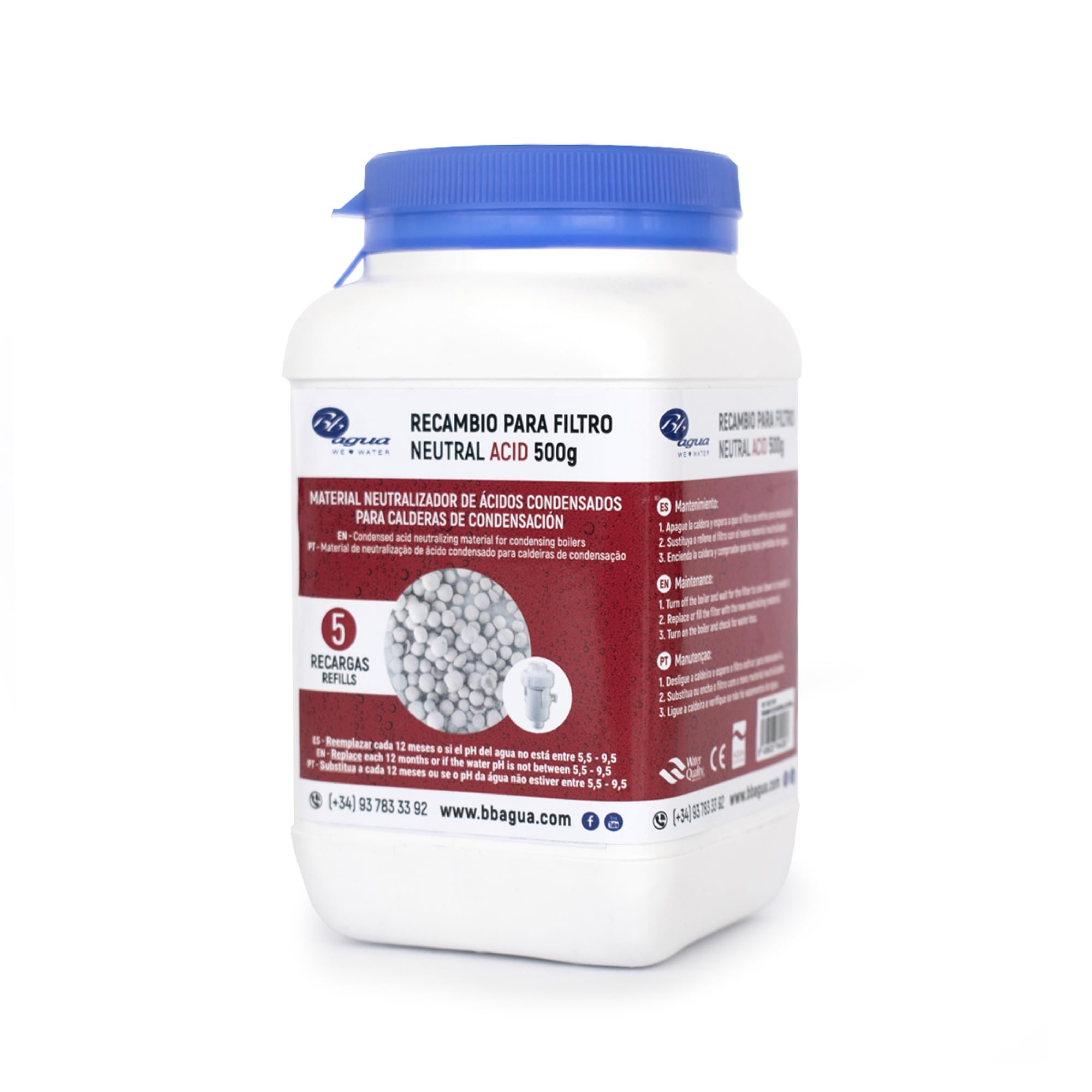 Material Neutralizador de Ácido Condensados para Caldera de Condensación. Recambio para Filtro Neutral Acid de la marca Bbagua. Envase de 500 Gramos. Bbagua.