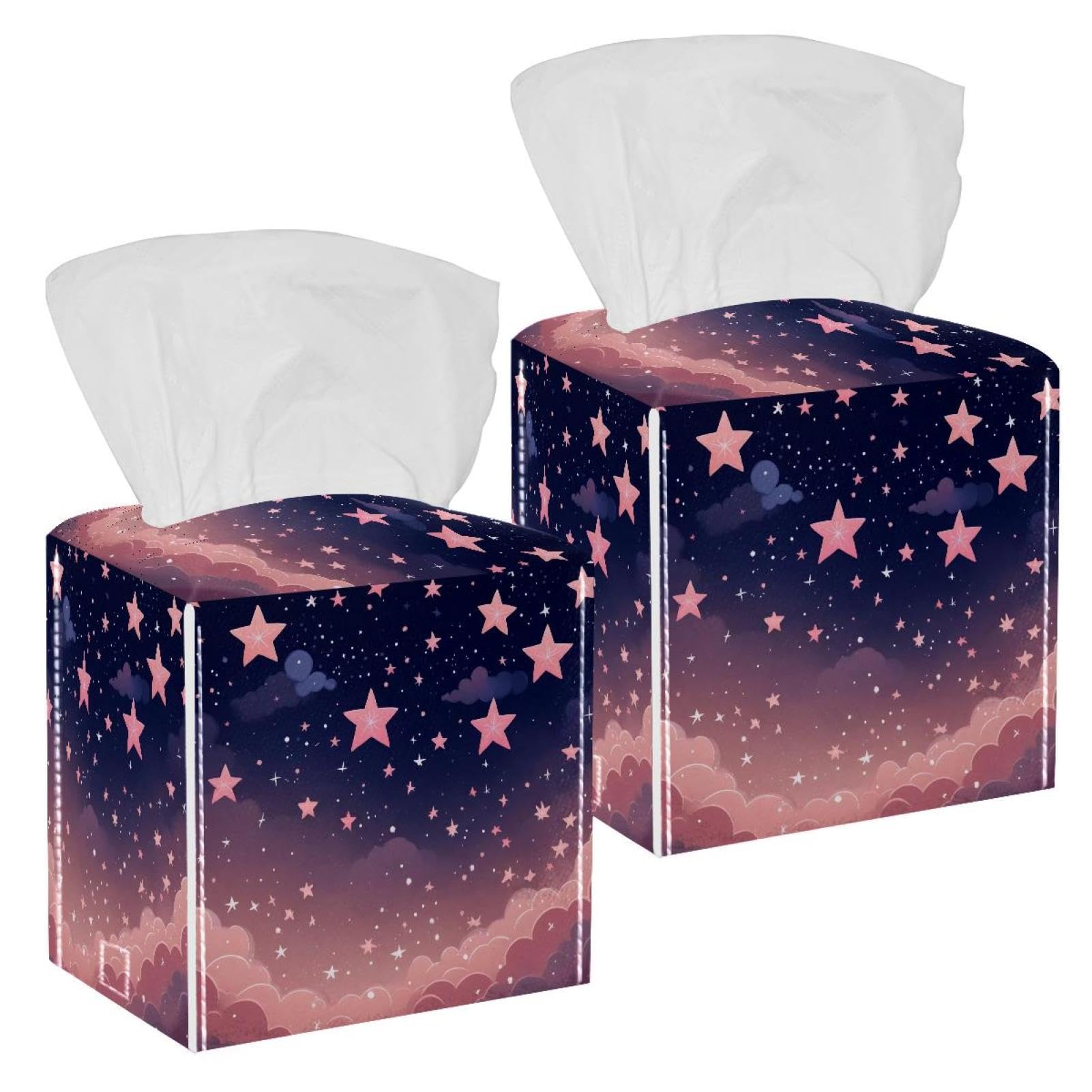Pink Starry Sky Tissue Box Cover, 2 Pack PU Leather Square Facial Tissue Dispenser Box holder for Home Office Car